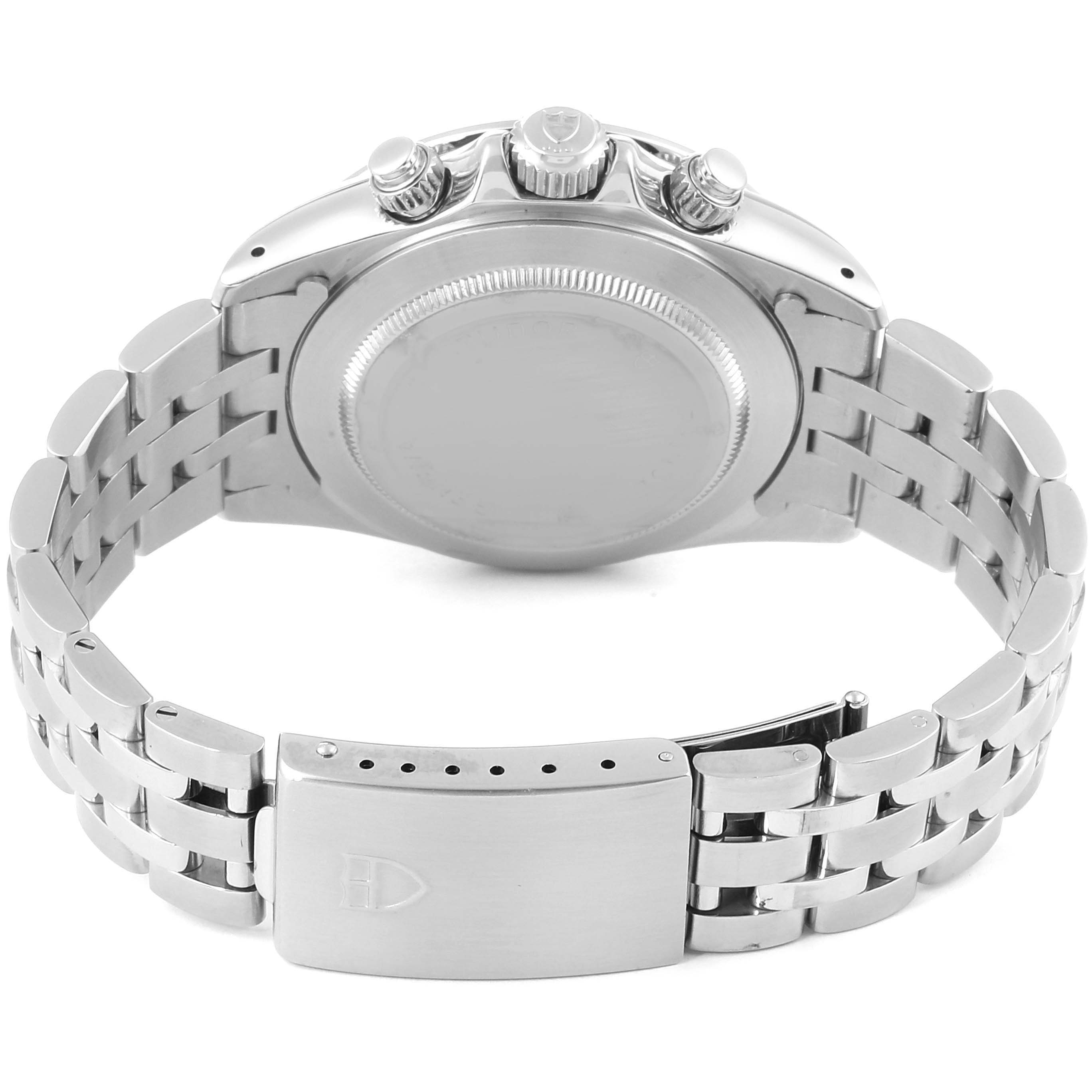 This image shows the back side of the Tudor Tiger 79280 Men's Stainless Steel Silver Dial 79280 Men's Stainless Steel Silver Dial watch, highlighting the case back, bracelet, and clasp.