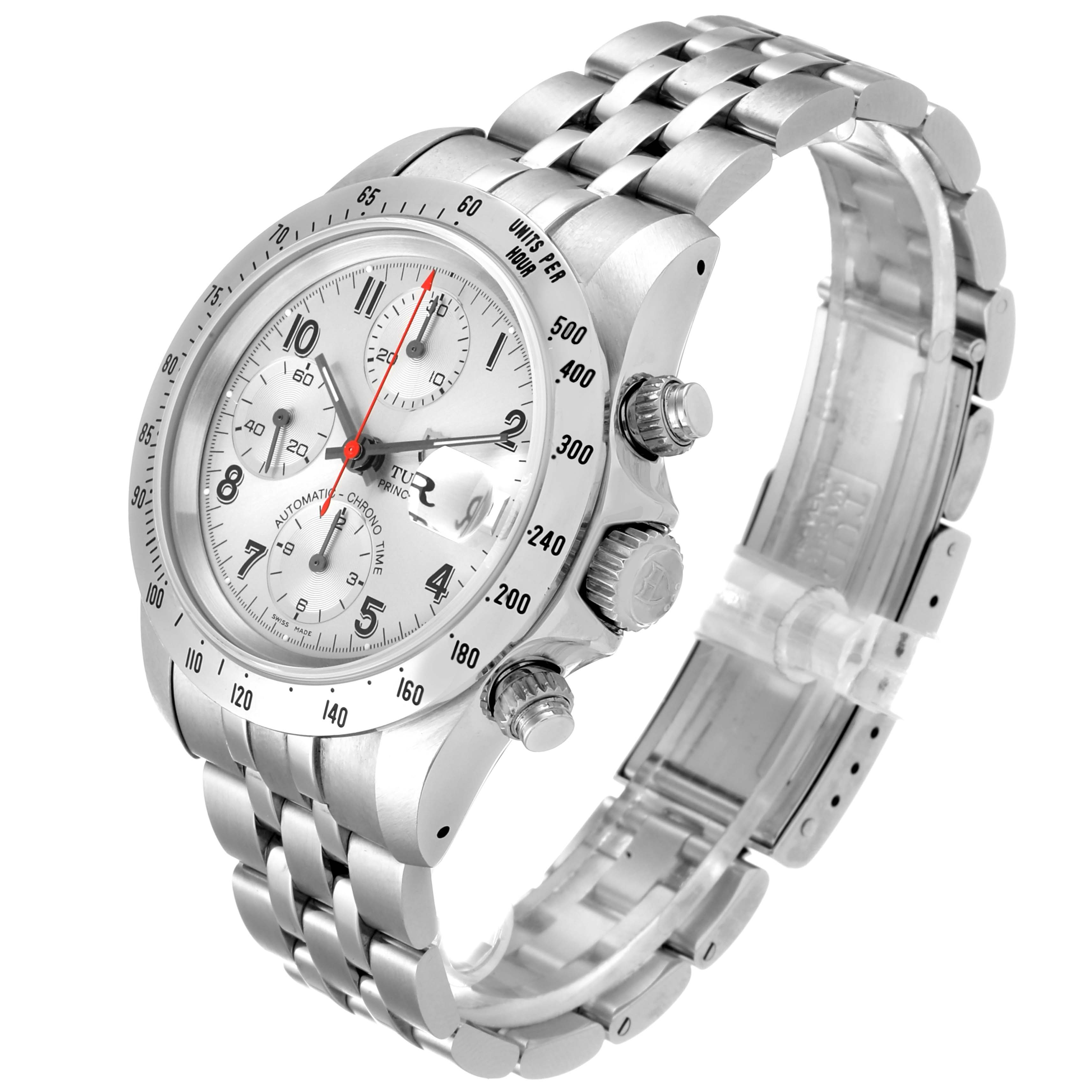 This Tiger model by Tudor is shown at an angle emphasizing its bracelet, bezel, crown, and subdials.