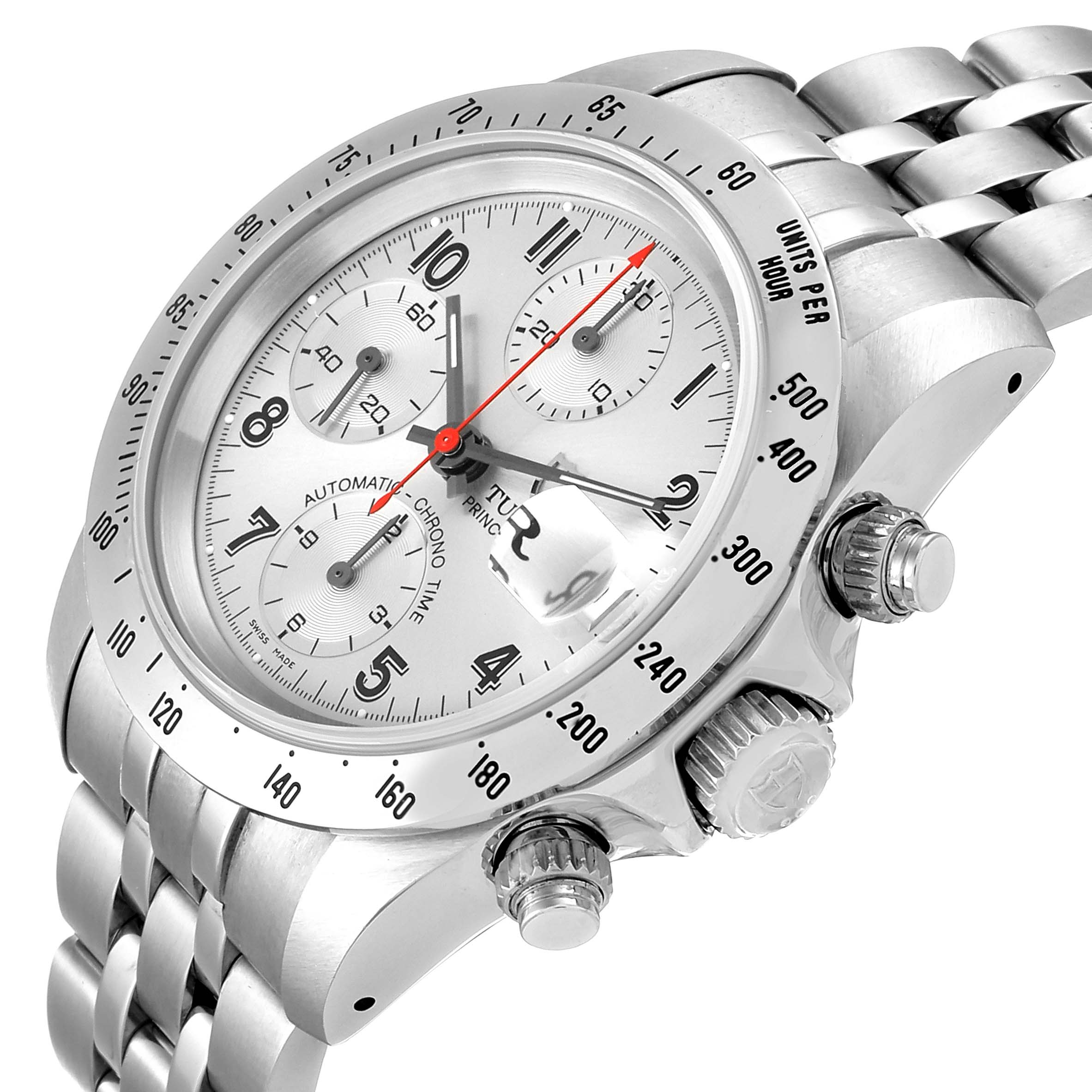 The Tudor Tiger 79280 Men's Stainless Steel Silver Dial 79280 Men's Stainless Steel Silver Dial watch is shown in a close-up side angle, highlighting the bezel, dial, and crown.