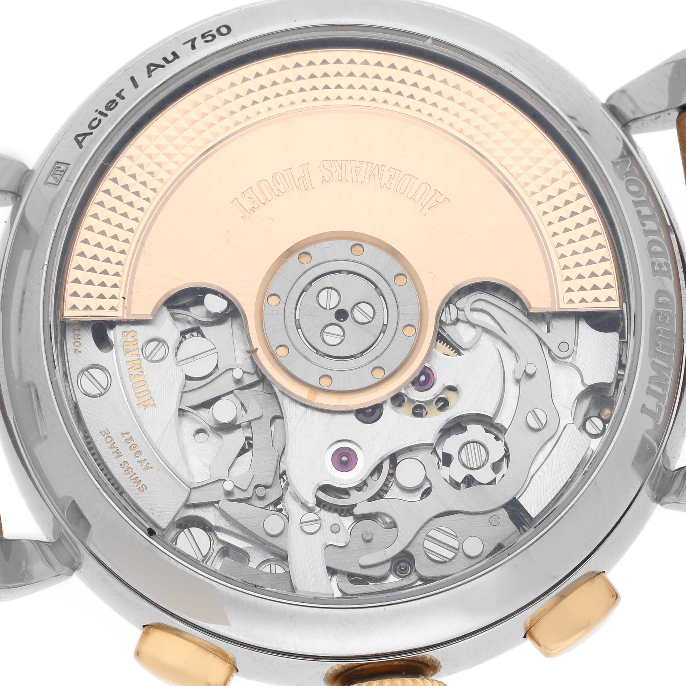 The image shows the rear view of the Audemars Piguet Remaster  26595SR Men's Steel and Gold (two tone) Champagne Dial 26595SR Men's Steel and Gold (two tone) Champagne Dialmodel, highlighting its intricate mechanical movement.