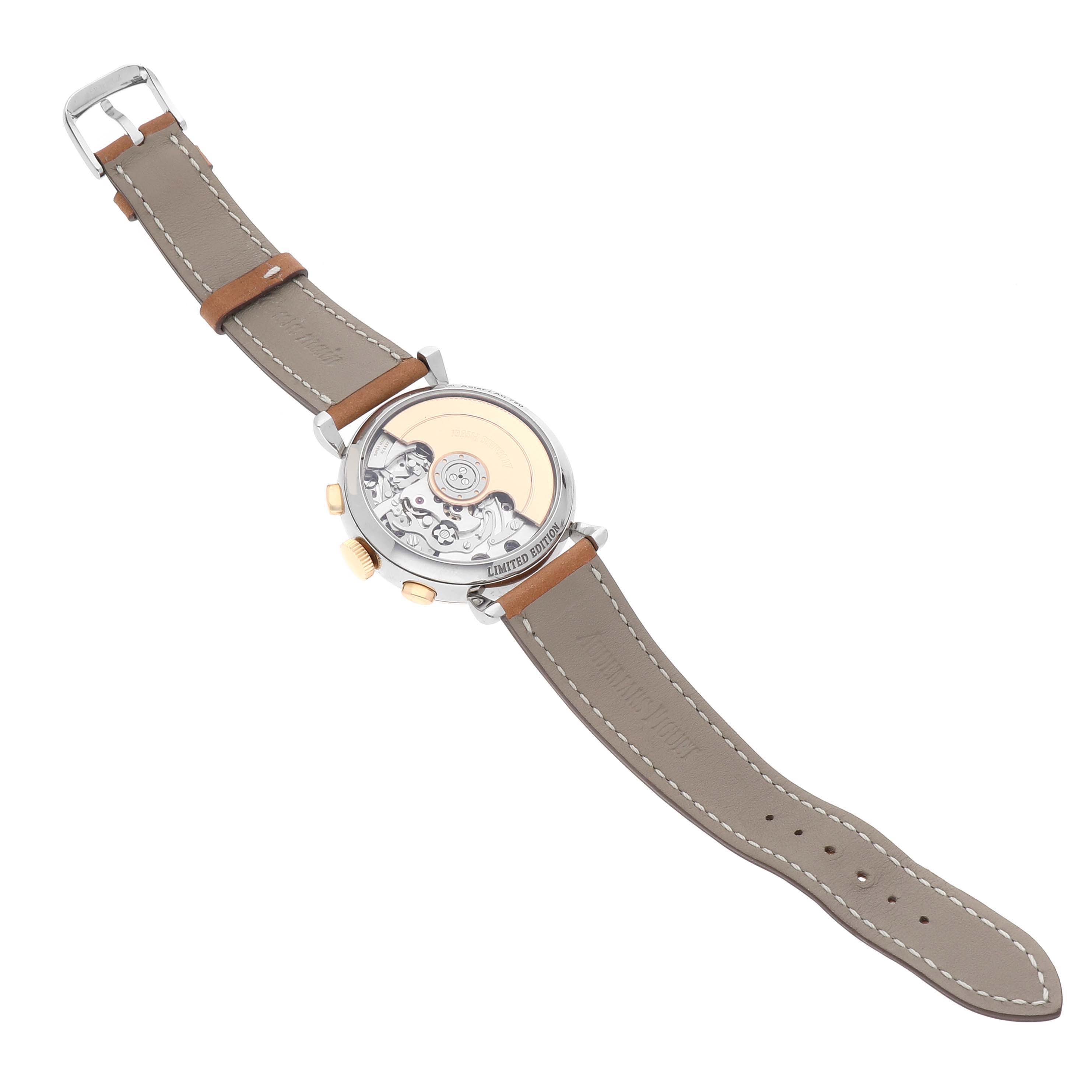 The image shows the back view of the Audemars Piguet Remaster  26595SR Men's Steel and Gold (two tone) Champagne Dial 26595SR Men's Steel and Gold (two tone) Champagne Dialmodel, highlighting its movement and leather strap.