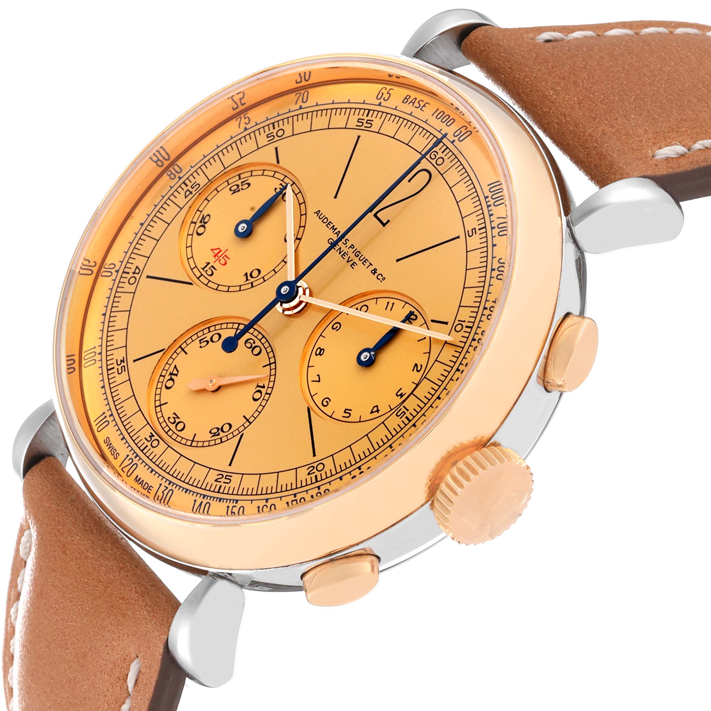 The image shows a close-up angle of the Audemars Piguet Remaster  26595SR Men's Steel and Gold (two tone) Champagne Dial 26595SR Men's Steel and Gold (two tone) Champagne Dialwatch face, case, crown, pushers, and part of the leather strap.