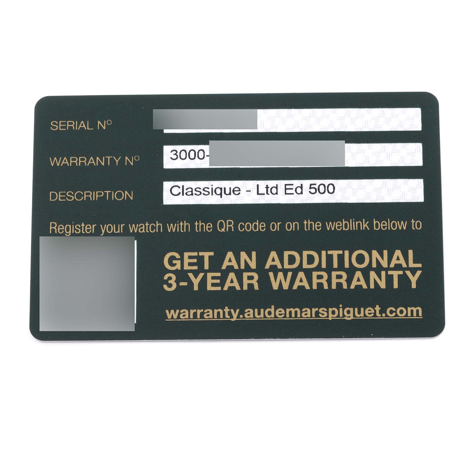 This image shows a warranty card for the Remaster model by Audemars Piguet, featuring serial, warranty numbers, and a registration link.