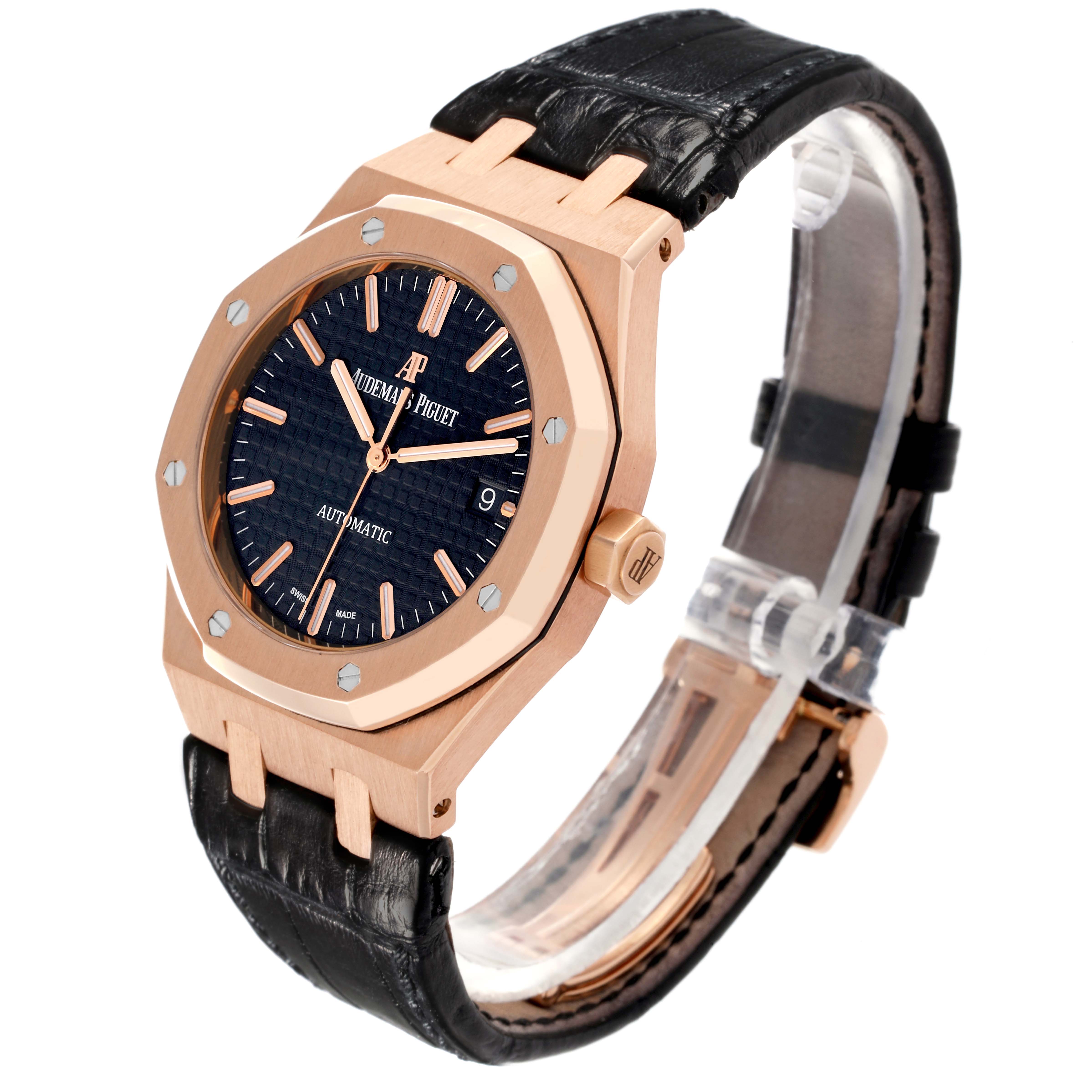 The Audemars Piguet Royal Oak 15450OR.OO.D002CR.01 Men's Rose Gold Black Dial 15450OR.OO.D002CR.01 Men's Rose Gold Black Dial watch is shown at a front angle, highlighting the face, bezel, crown, and black strap.