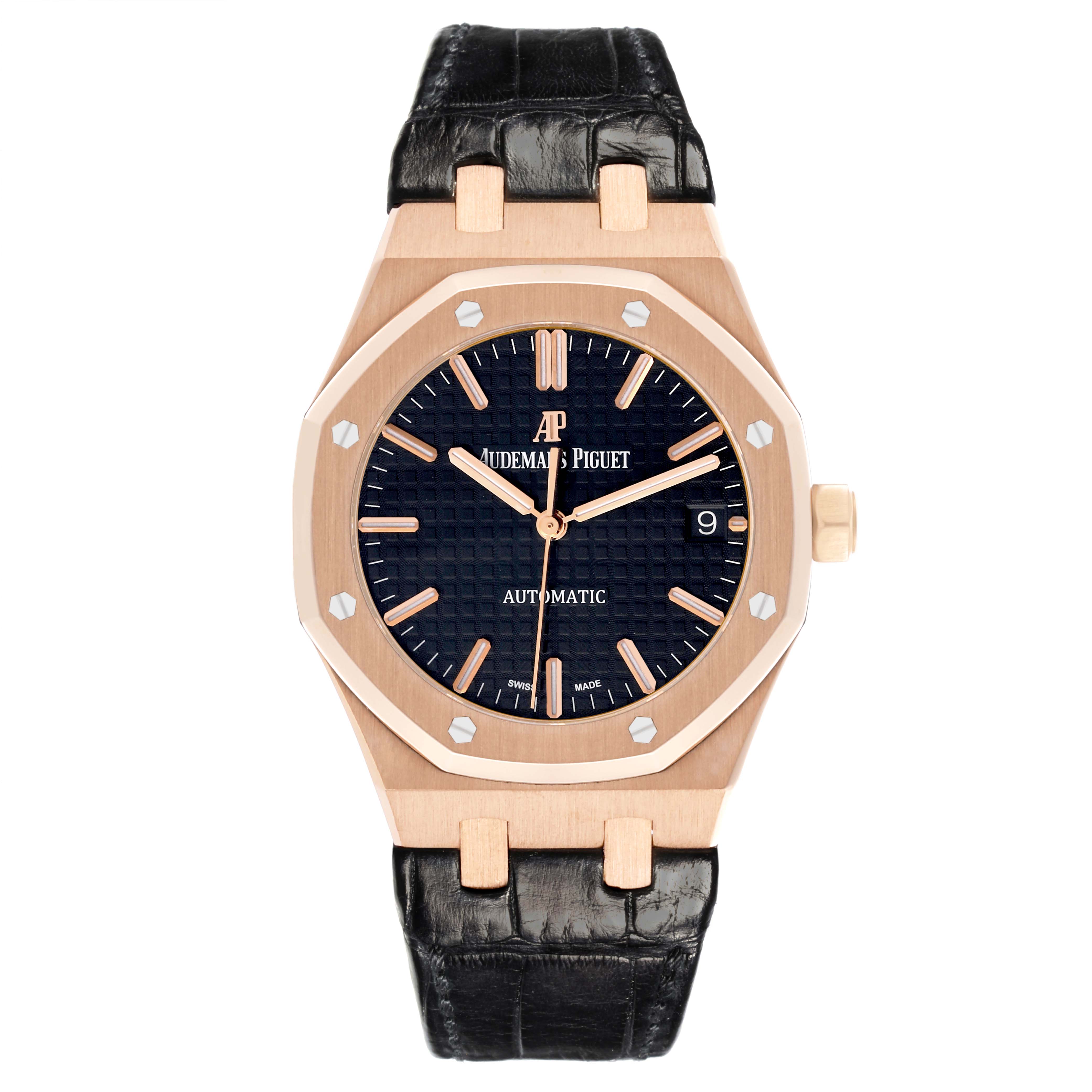 The Audemars Piguet Royal Oak 15450OR.OO.D002CR.01 Men's Rose Gold Black Dial 15450OR.OO.D002CR.01 Men's Rose Gold Black Dial watch is shown from a front angle, highlighting its octagonal bezel, dial, and leather strap.