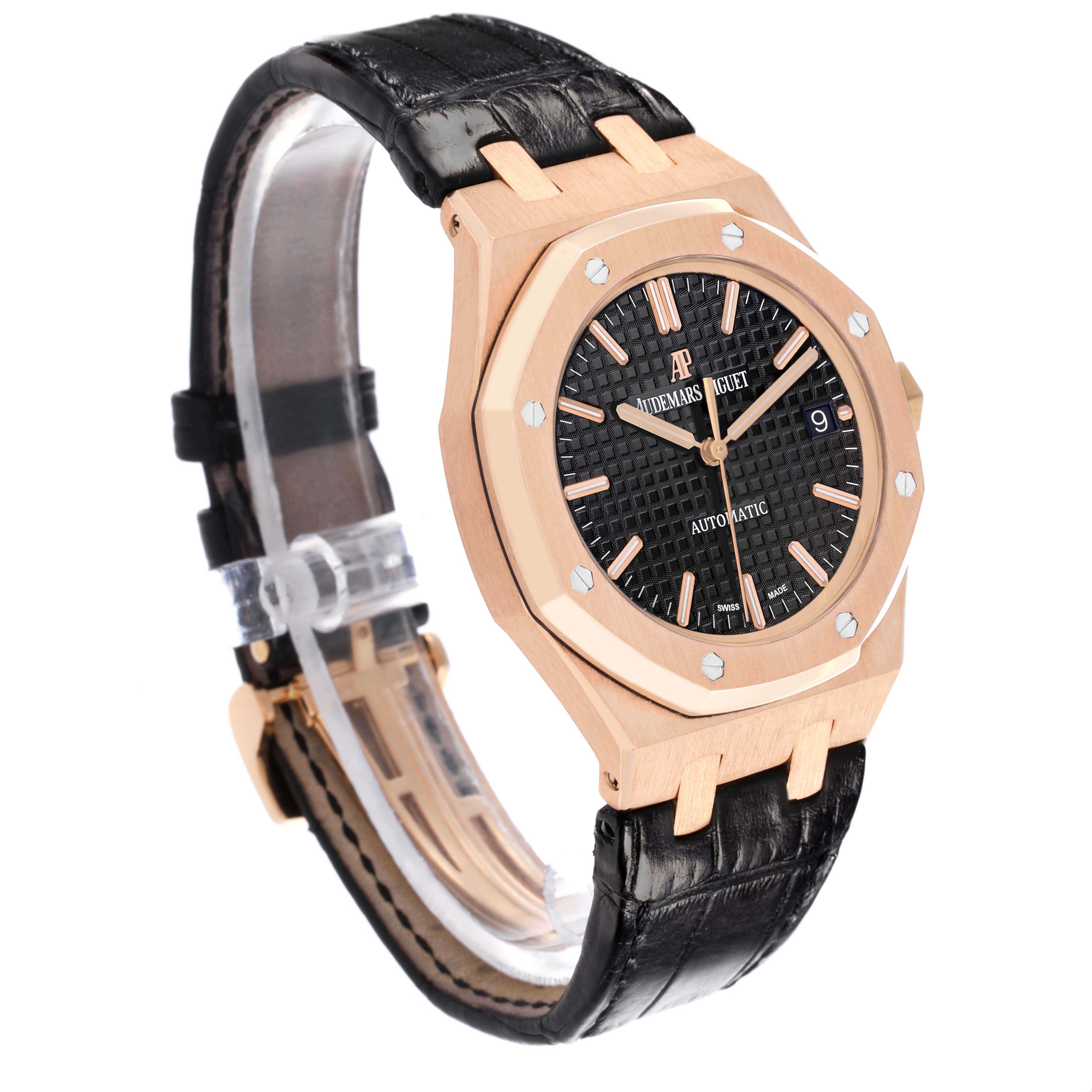 The Audemars Piguet Royal Oak 15450OR.OO.D002CR.01 Men's Rose Gold Black Dial watch is shown at a three-quarter angle, highlighting its rose gold case, black textured dial, and leather strap.
