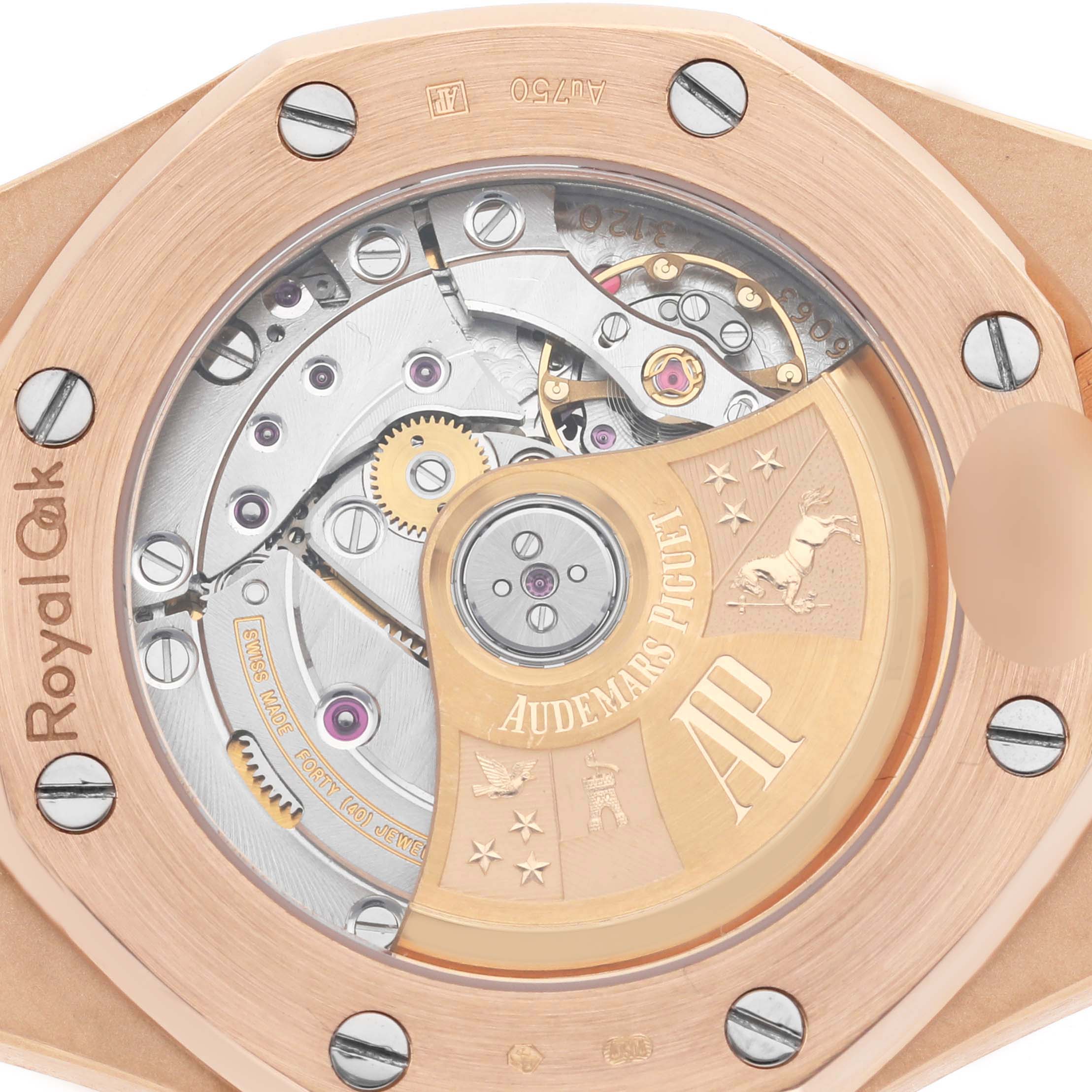 The image shows the back view of an Audemars Piguet Royal Oak 15450OR.OO.D002CR.01 Men's Rose Gold Black Dial watch, highlighting its intricate movement and rotor.