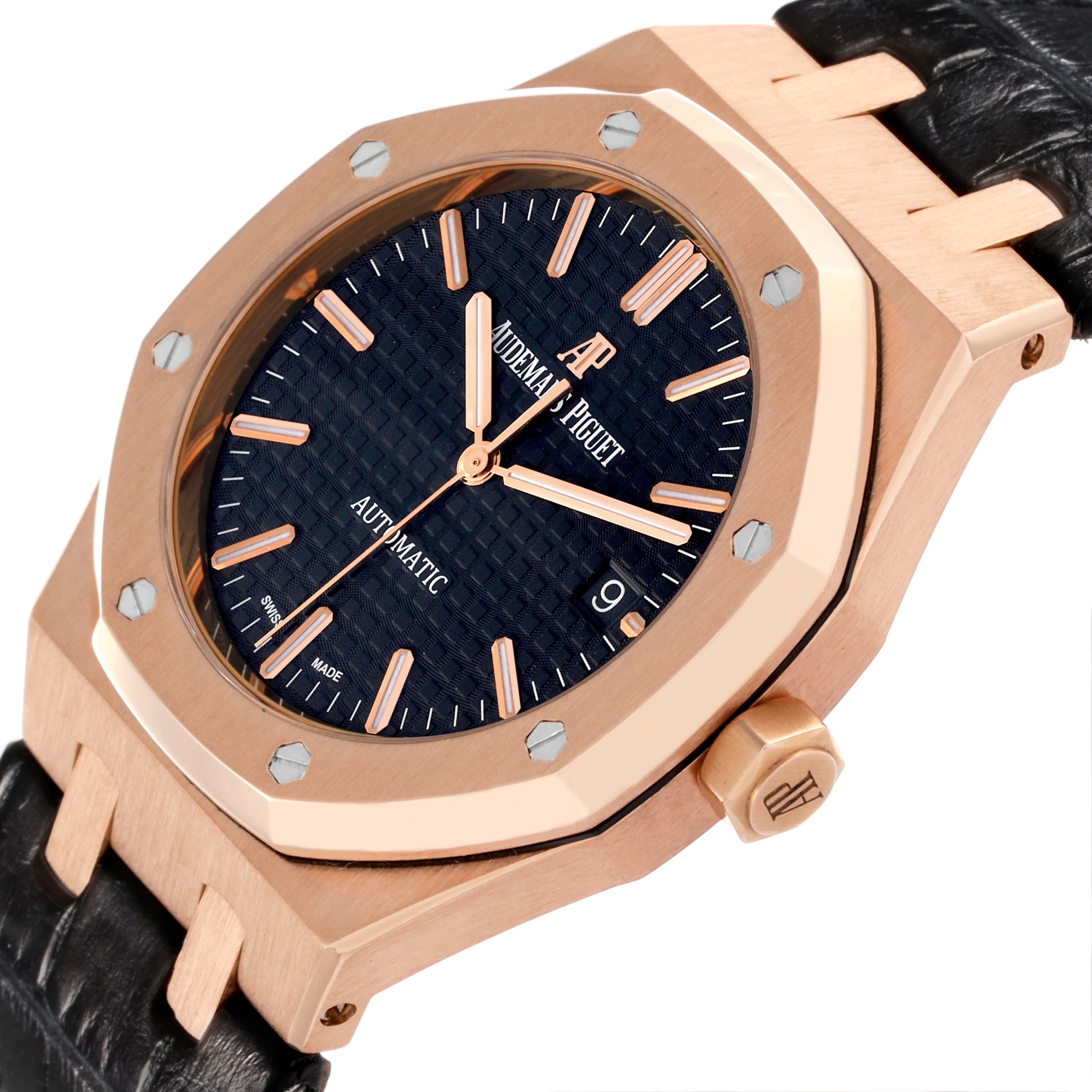 The Audemars Piguet Royal Oak 15450OR.OO.D002CR.01 Men's Rose Gold Black Dial 15450OR.OO.D002CR.01 Men's Rose Gold Black Dial watch is shown at a slight angle, highlighting its octagonal bezel, textured dial, hands, and crown.