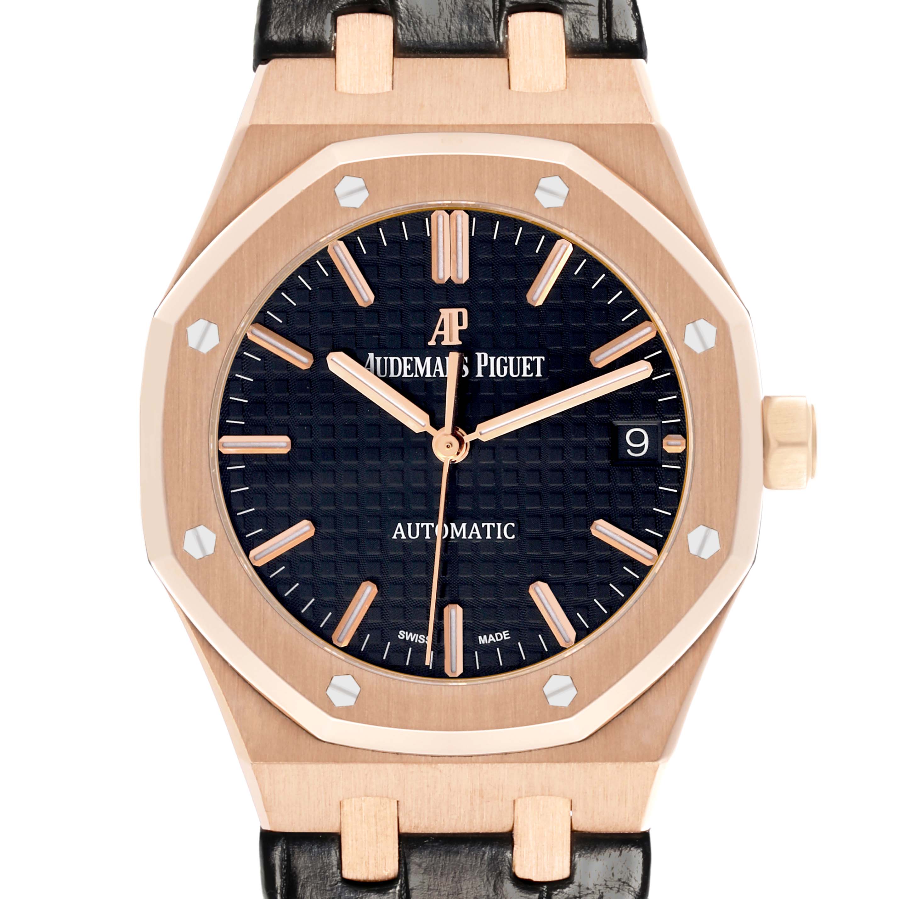 The image shows a front view of the Audemars Piguet Royal Oak 15450OR.OO.D002CR.01 Men's Rose Gold Black Dial 15450OR.OO.D002CR.01 Men's Rose Gold Black Dial, highlighting the dial, hands, bezel, and part of the strap.