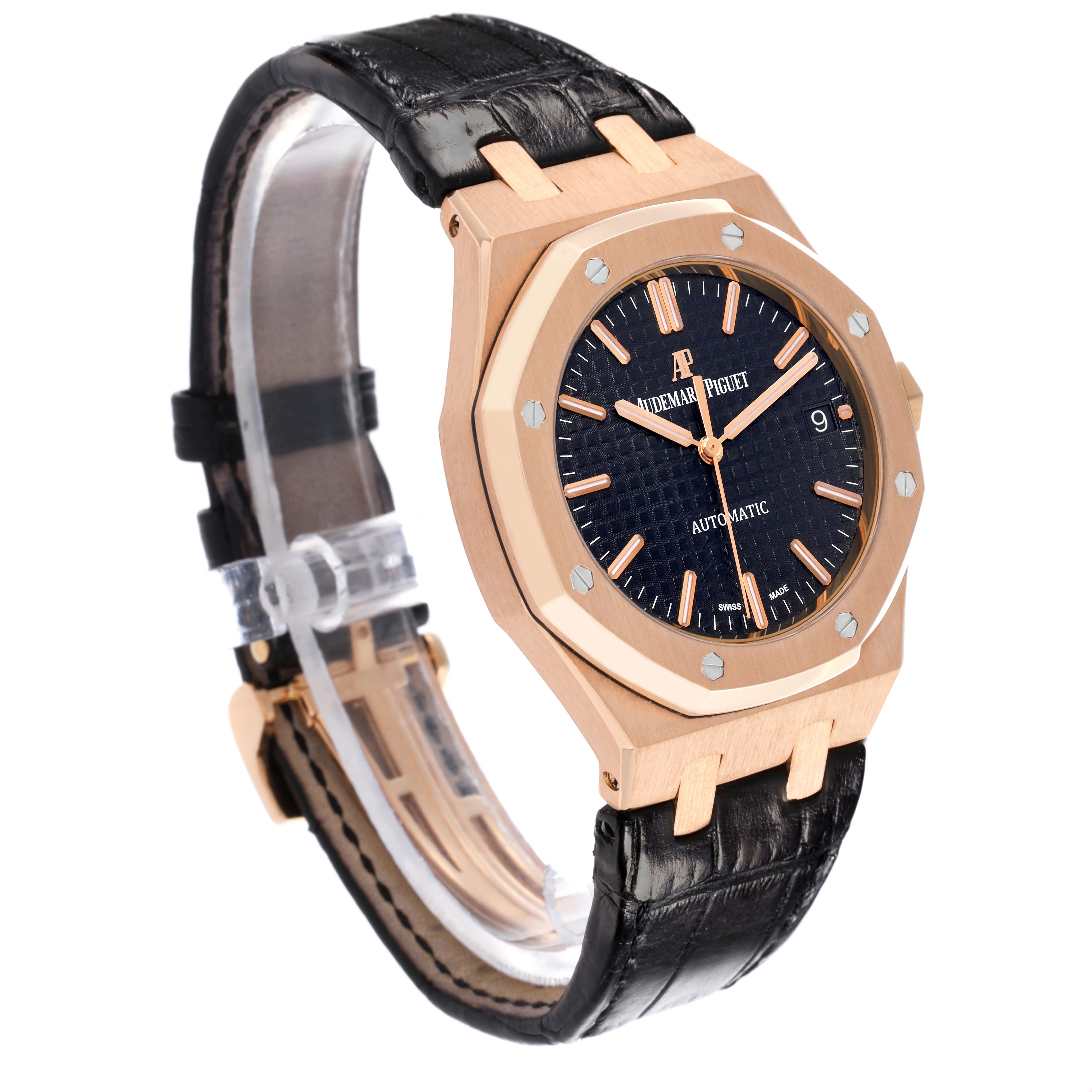 The Audemars Piguet Royal Oak 15450OR.OO.D002CR.01 Men's Rose Gold Black Dial 15450OR.OO.D002CR.01 Men's Rose Gold Black Dial watch is shown from a side angle, displaying the case, bezel, dial, and leather strap.