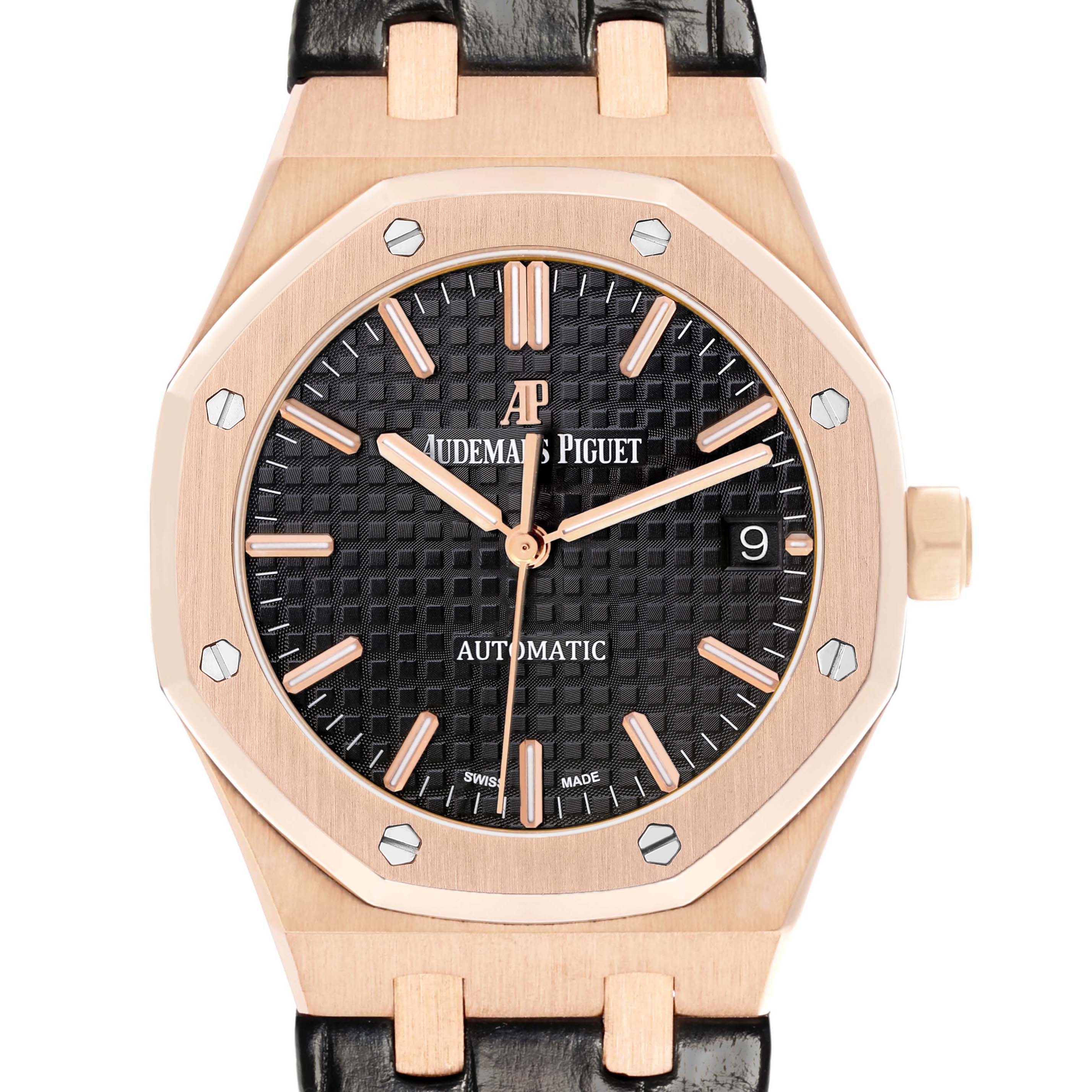 The Audemars Piguet Royal Oak 15450OR.OO.D002CR.01 Men's Rose Gold Black Dial watch is shown from the front, displaying the dial, bezel, and crown.
