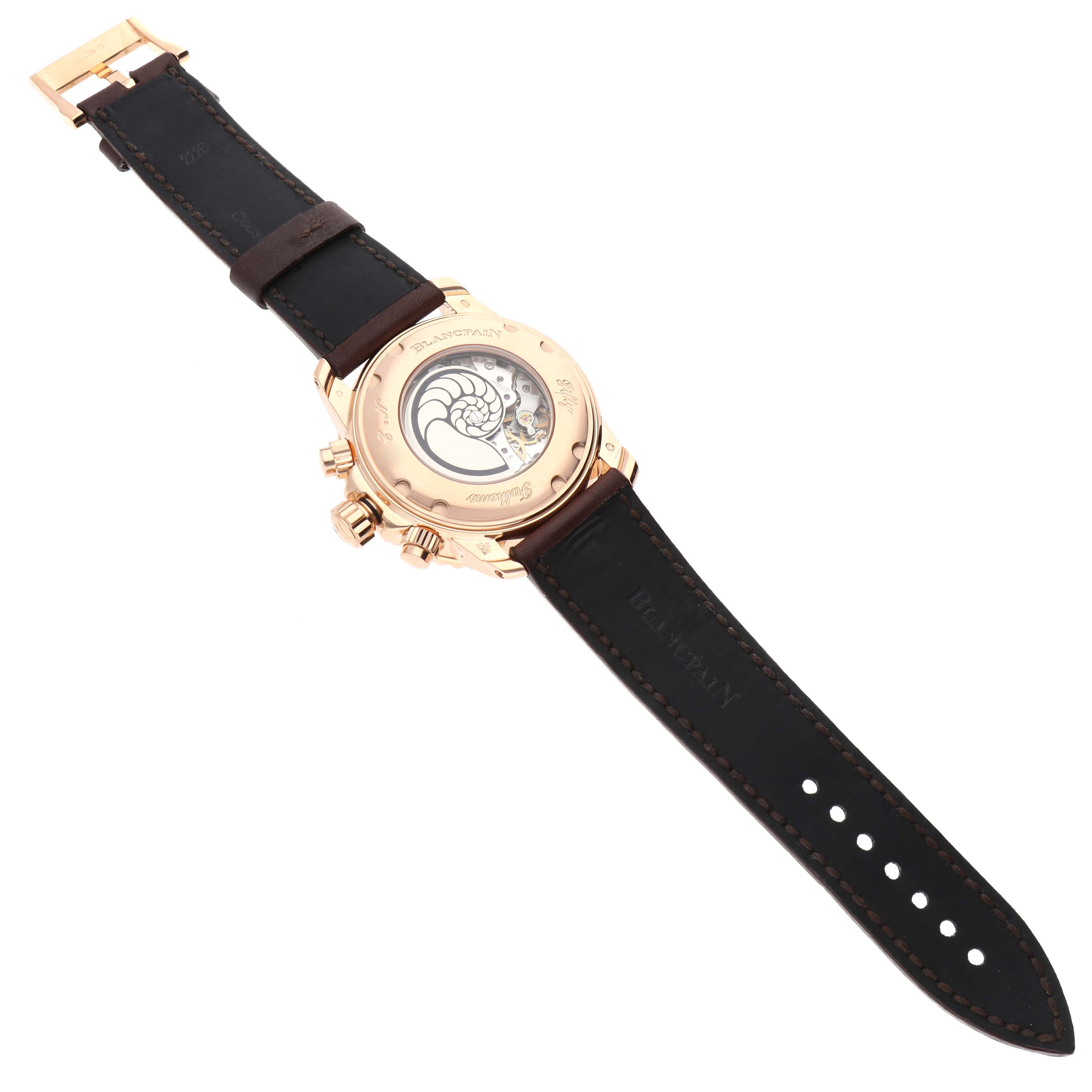 This image shows the back view of a Blancpain Fifty Fathoms 5085F-3634-63A Men's Rose Gold Grey Dial 5085F-3634-63A Men's Rose Gold Grey Dial watch, displaying the case back and leather strap.