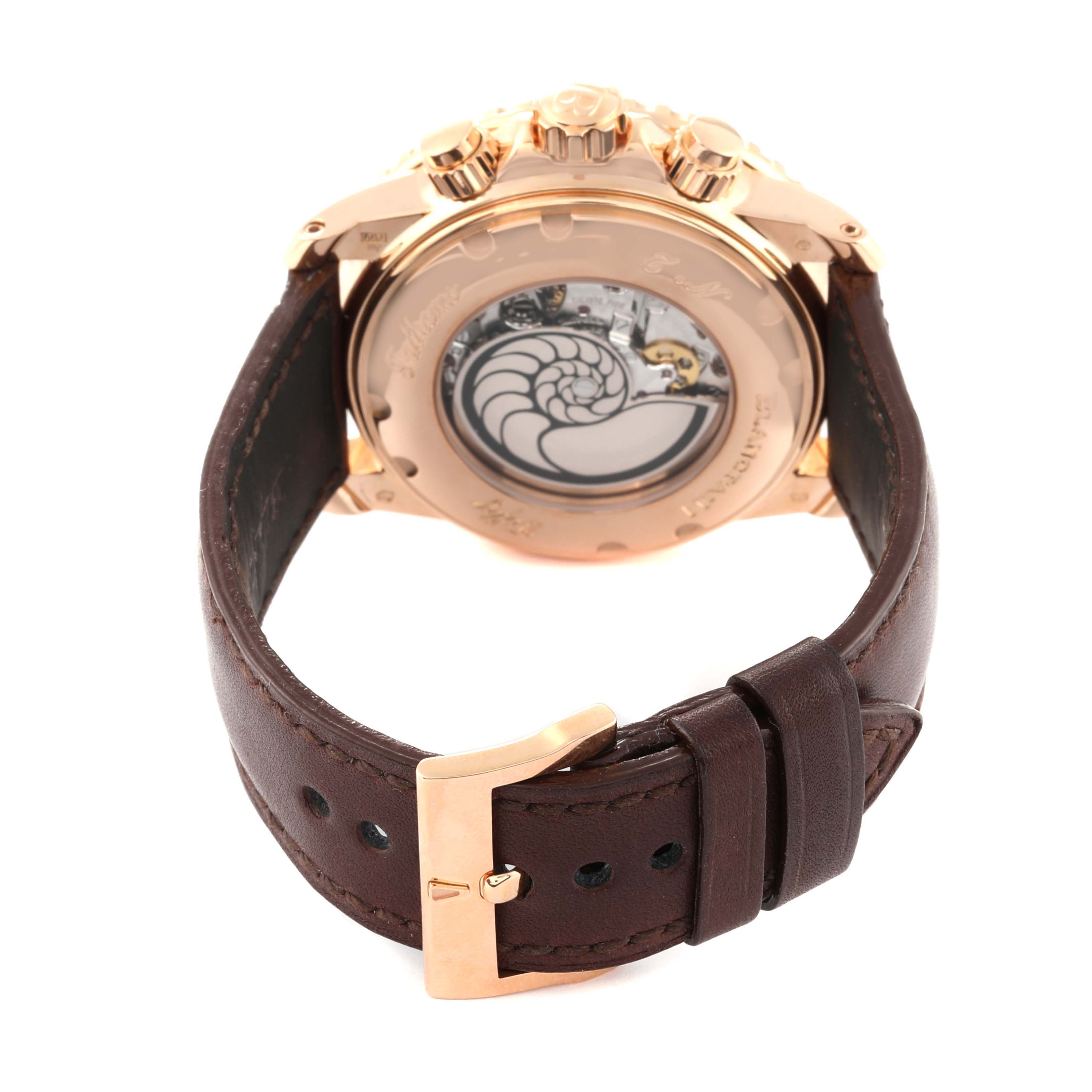 The image shows the back casing and straps of the Blancpain Fifty Fathoms 5085F-3634-63A Men's Rose Gold Grey Dial 5085F-3634-63A Men's Rose Gold Grey Dial watch from a rear angle.