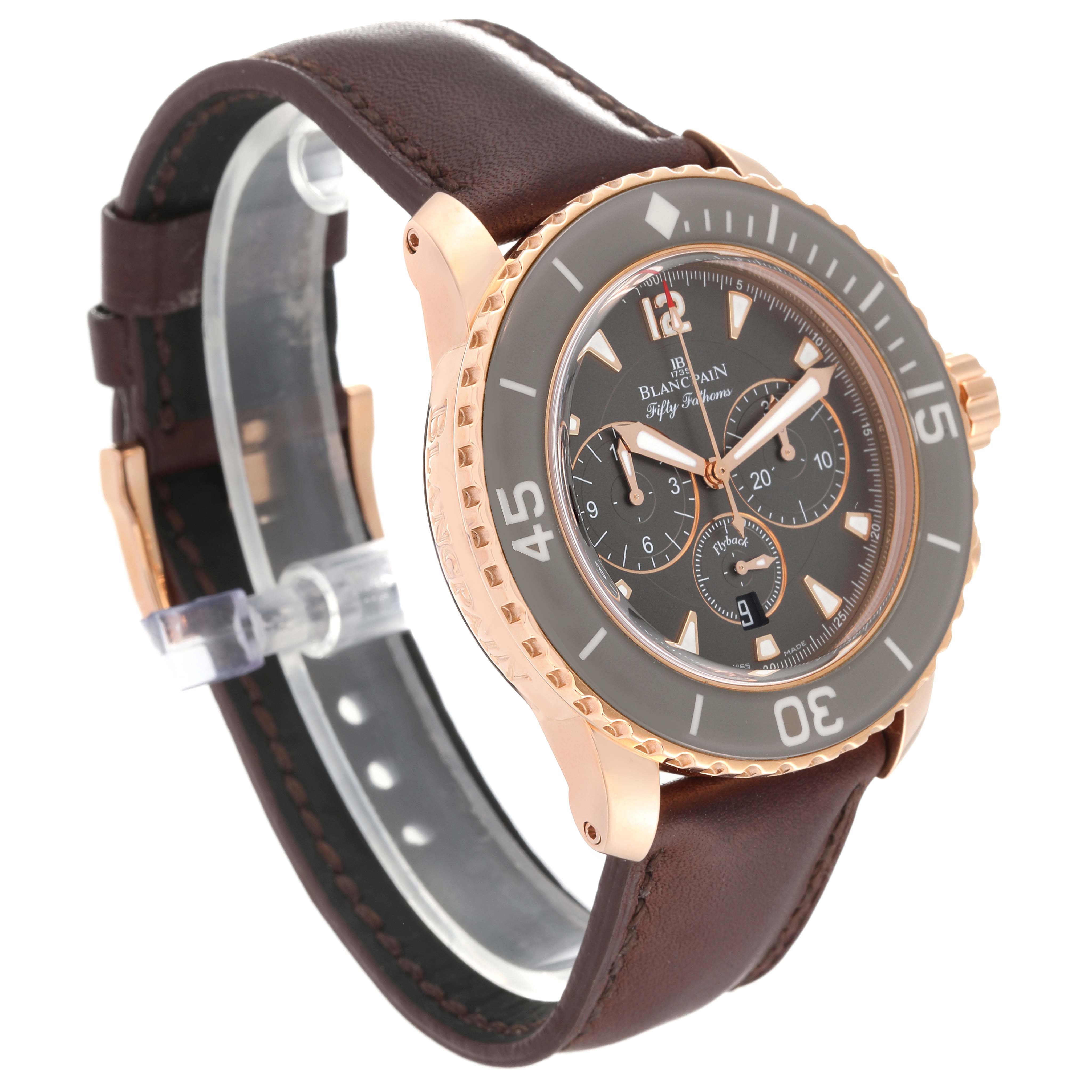 The image shows a Blancpain Fifty Fathoms 5085F-3634-63A Men's Rose Gold Grey Dial 5085F-3634-63A Men's Rose Gold Grey Dial watch from a front-left angle, highlighting the bezel, dial, and leather strap.