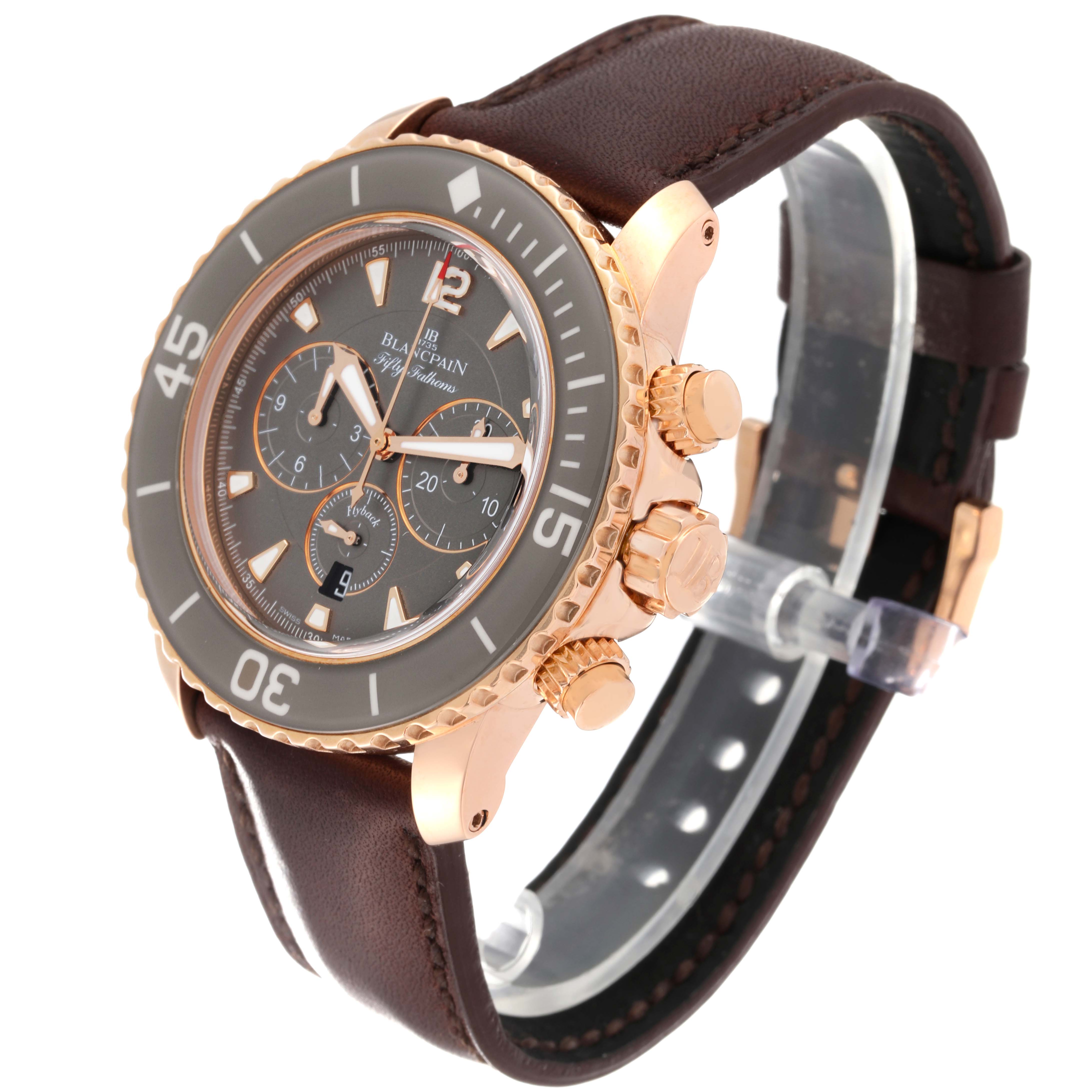 The image shows a near side profile of the Blancpain Fifty Fathoms 5085F-3634-63A Men's Rose Gold Grey Dial 5085F-3634-63A Men's Rose Gold Grey Dial watch, highlighting the dial, bezel, crown, pushers, and brown leather strap.