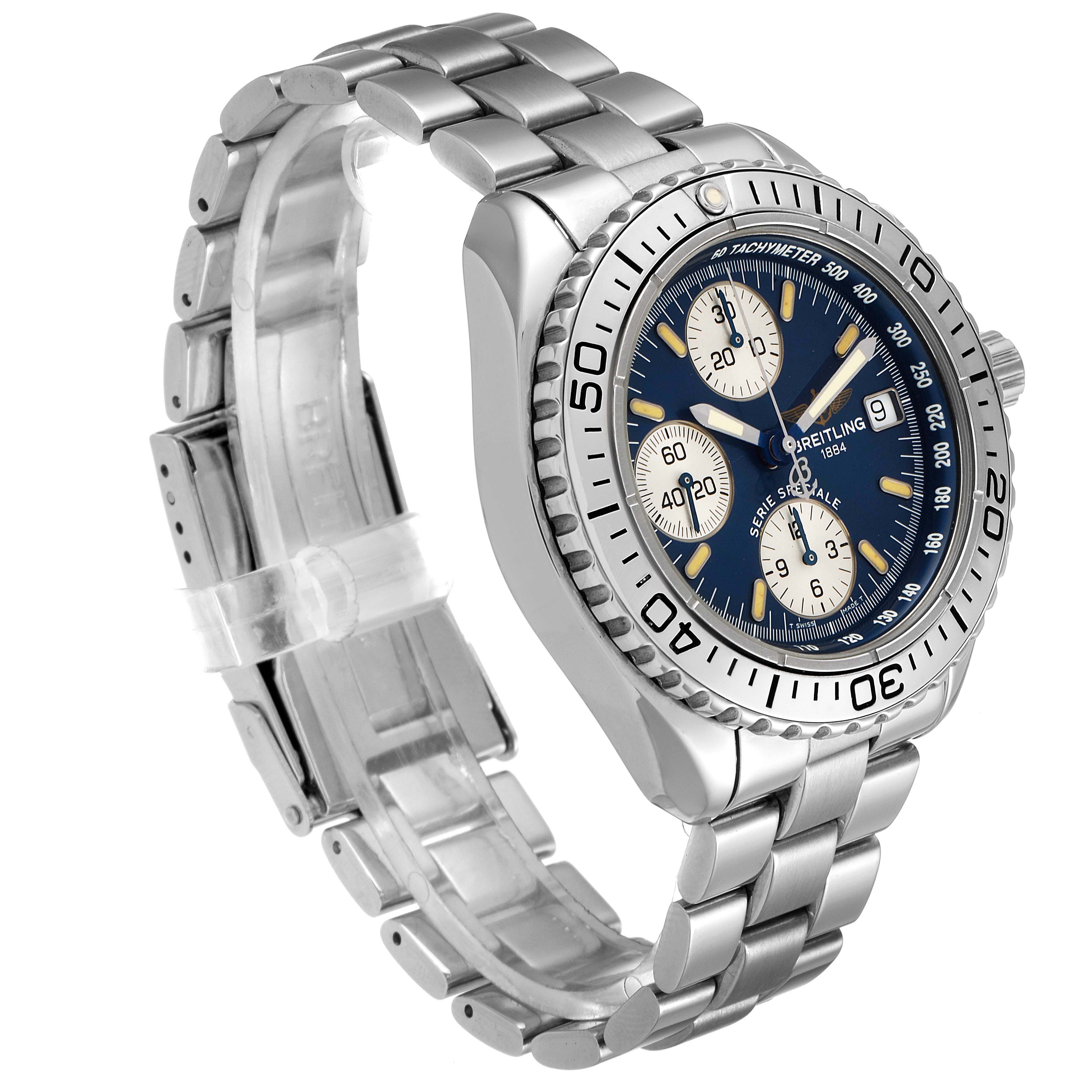 The image shows a side-angle view of the Breitling Avenger A13051 Men
s Stainless Steel Blue Dial A13051 Men
s Stainless Steel Blue Dial watch, displaying the watch face, bezel, and metal bracelet.