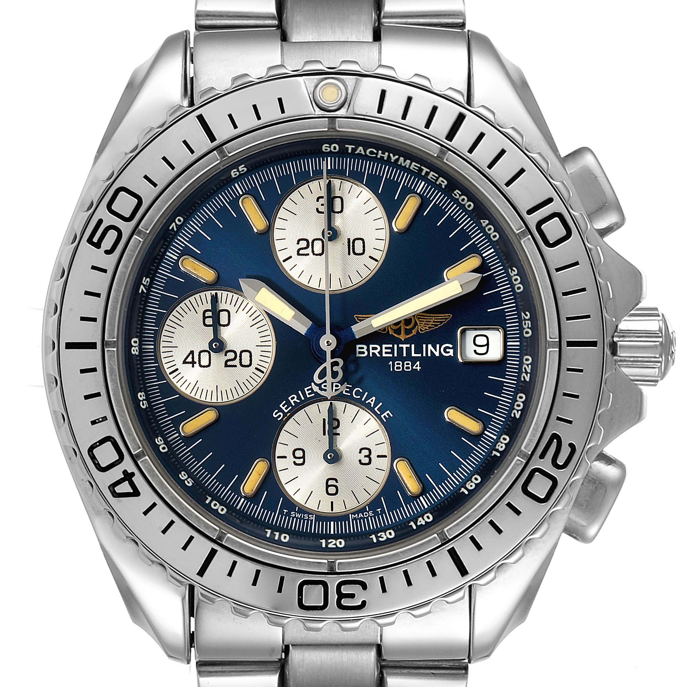 This image shows a head-on view of a Breitling Avenger A13051 Men
s Stainless Steel Blue Dial A13051 Men
s Stainless Steel Blue Dial watch, highlighting the dial, subdials, bezel, and crown.