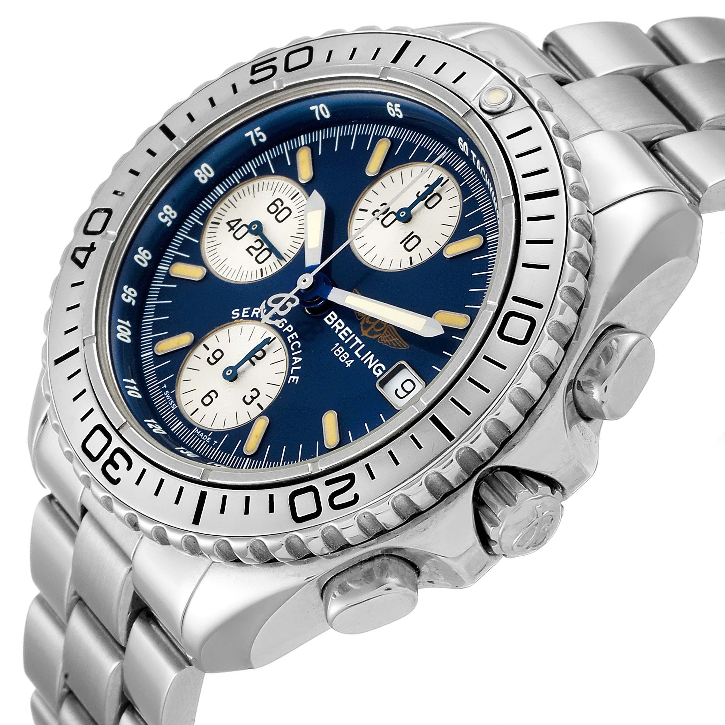 The image shows a Breitling Avenger A13051 Men
s Stainless Steel Blue Dial A13051 Men
s Stainless Steel Blue Dial watch from a tilted angle, highlighting its bezel, dial, crown, and part of the bracelet.