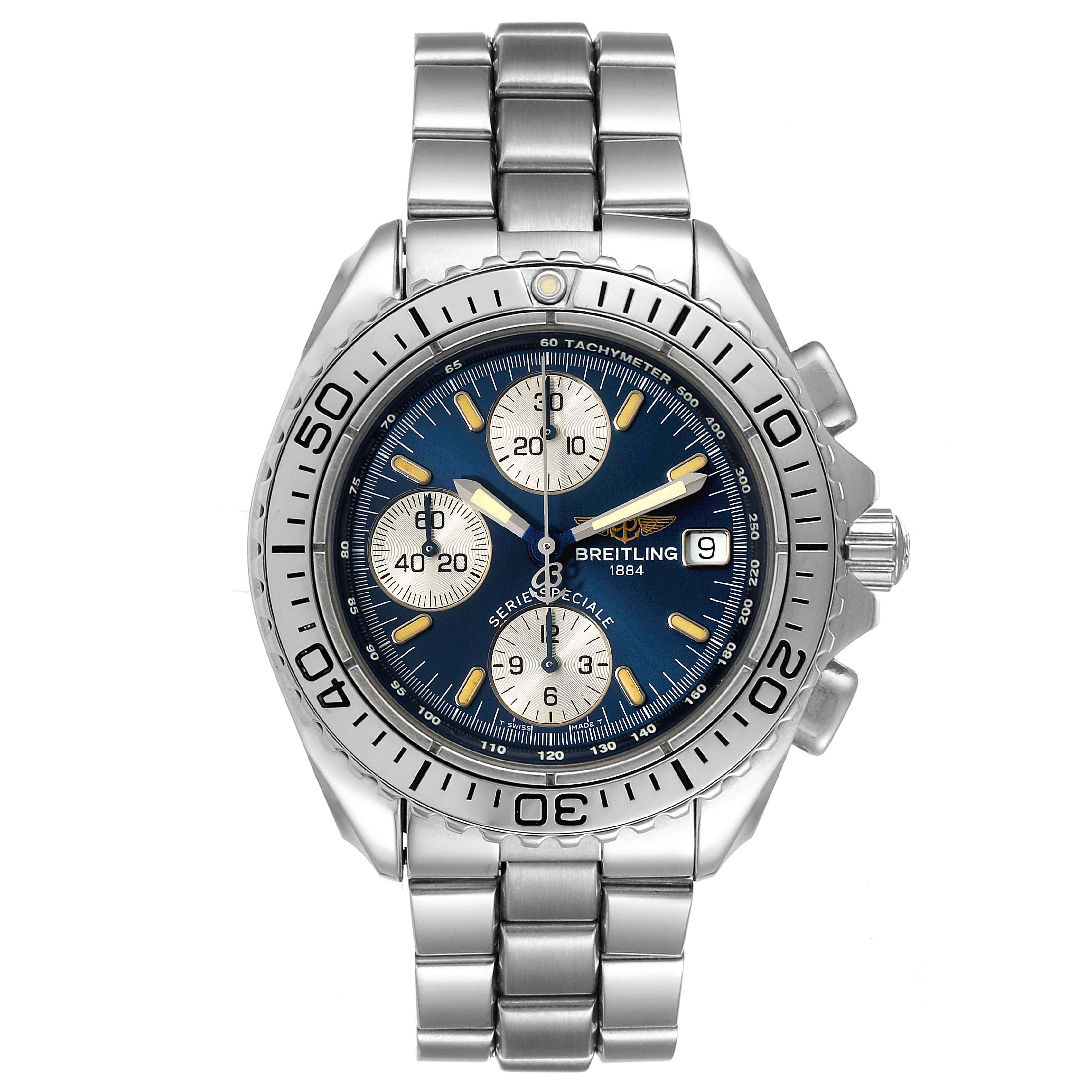 This image shows a front view of the Breitling Avenger A13051 Men
s Stainless Steel Blue Dial A13051 Men
s Stainless Steel Blue Dial watch, featuring a blue dial, chronograph sub-dials, and a stainless steel bracelet.
