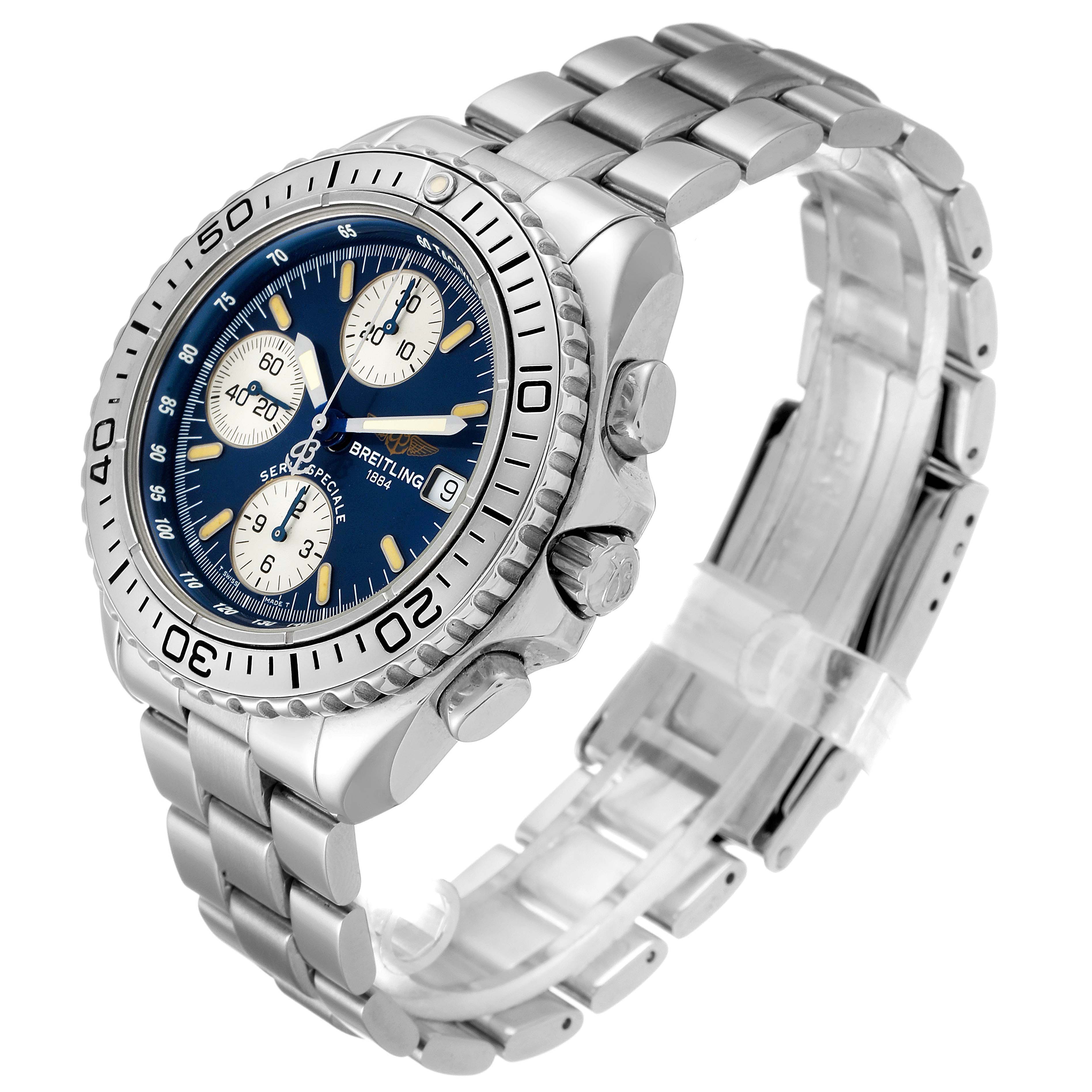 The image shows a Breitling Avenger A13051 Men
s Stainless Steel Blue Dial A13051 Men
s Stainless Steel Blue Dial watch at a three-quarter angle, highlighting its metallic bracelet, bezel, and blue dial with subdials.