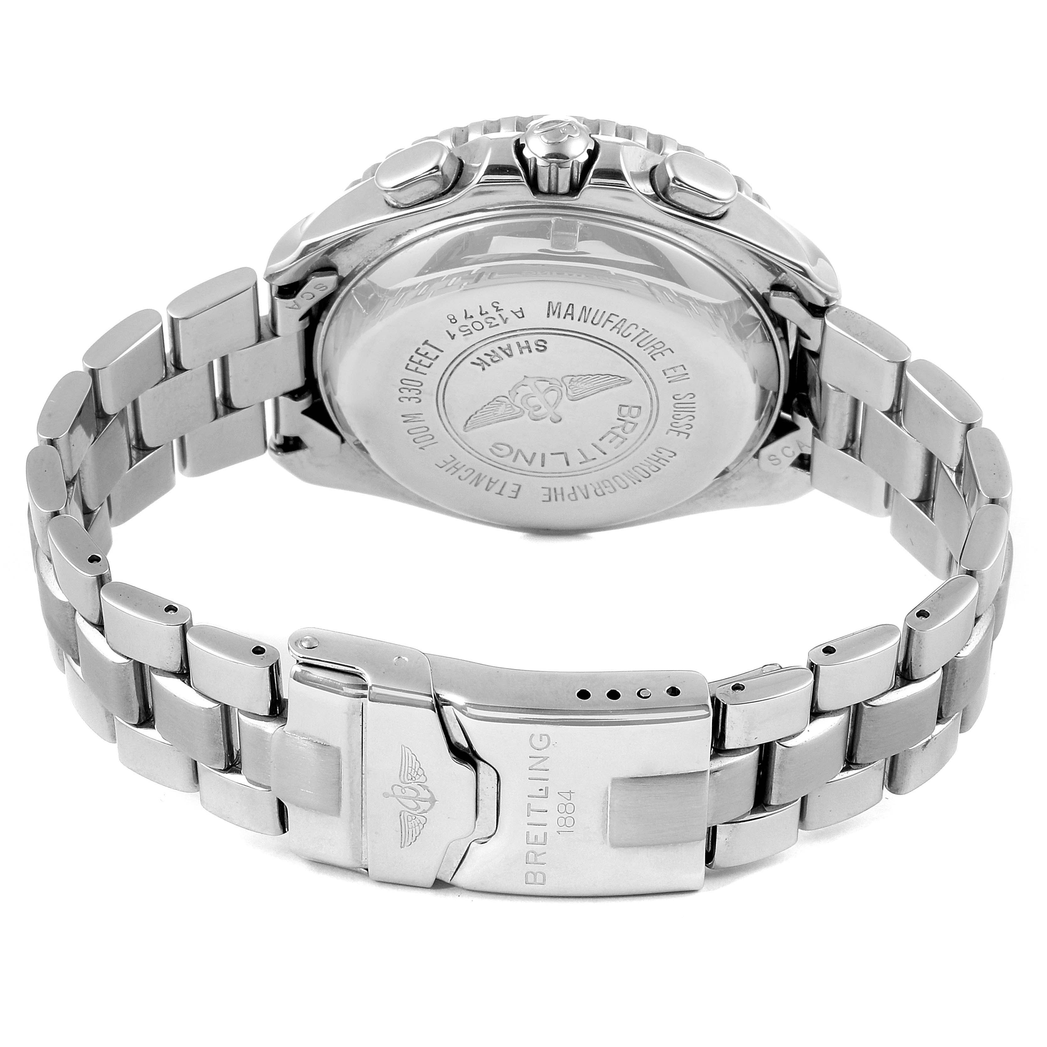 The image shows the back case and bracelet of the Breitling Avenger A13051 Men
s Stainless Steel Blue Dial A13051 Men
s Stainless Steel Blue Dial watch from a rear angle.