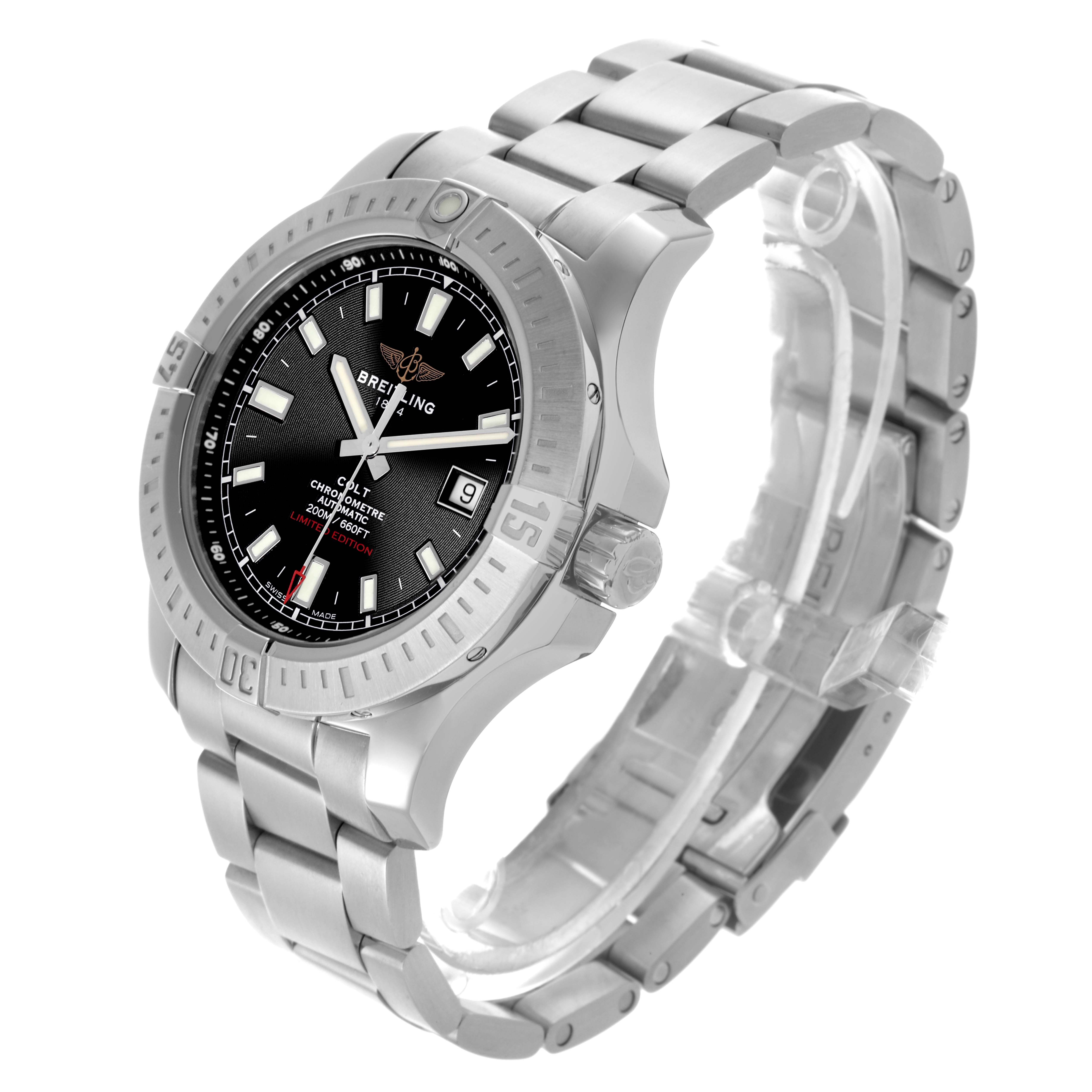 The Breitling Colt A173882Y/BE66 Men's Stainless Steel Black Dial A173882Y/BE66 Men's Stainless Steel Black Dial watch is shown at a three-quarter angle, displaying the face, bezel, crown, and metal bracelet.