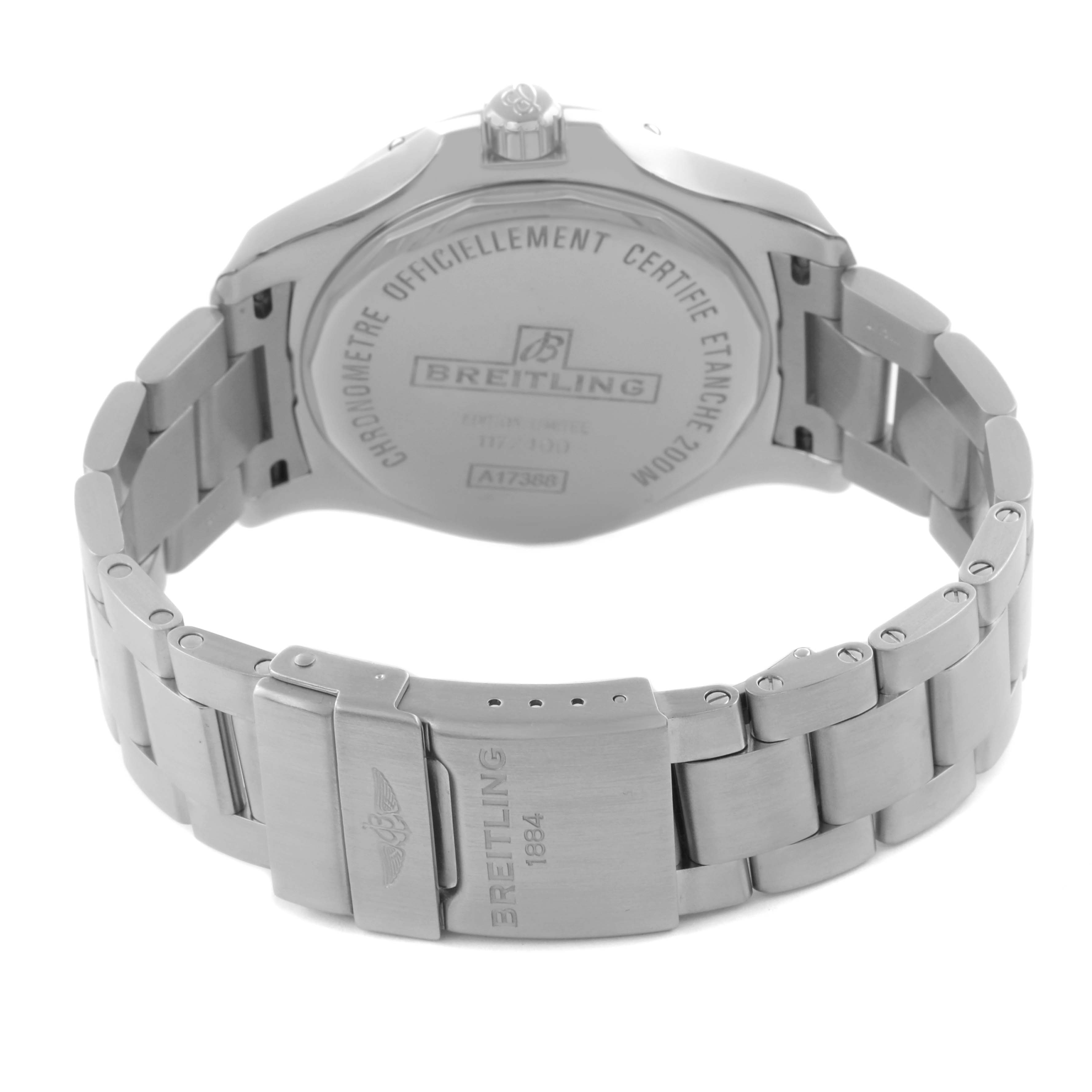 The image shows the back of the Breitling Colt A173882Y/BE66 Men's Stainless Steel Black Dial A173882Y/BE66 Men's Stainless Steel Black Dial watch, focusing on the case back and metal bracelet.