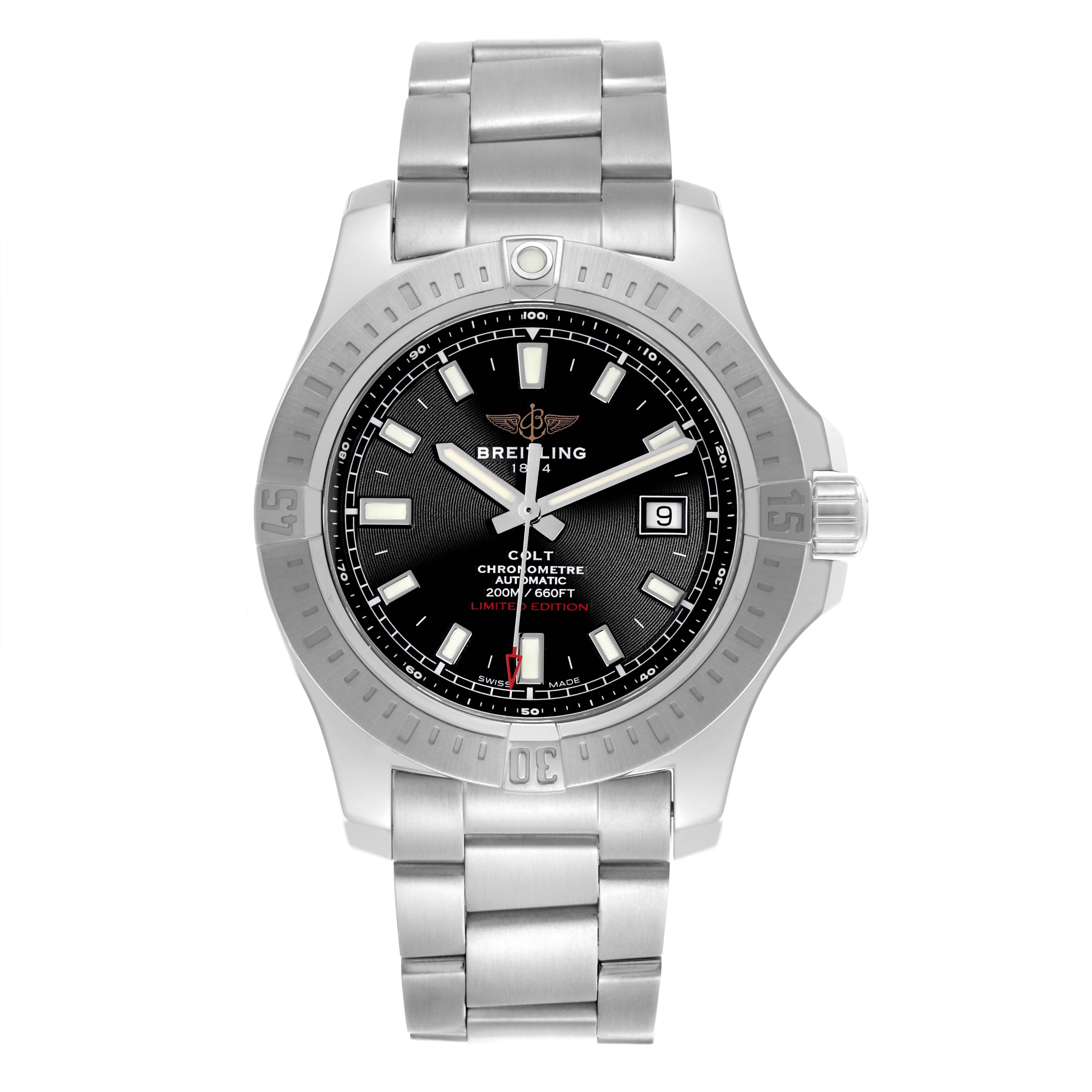 The Breitling Colt A173882Y/BE66 Men's Stainless Steel Black Dial A173882Y/BE66 Men's Stainless Steel Black Dial watch is shown from a front angle, displaying the dial, bezel, and metal bracelet.