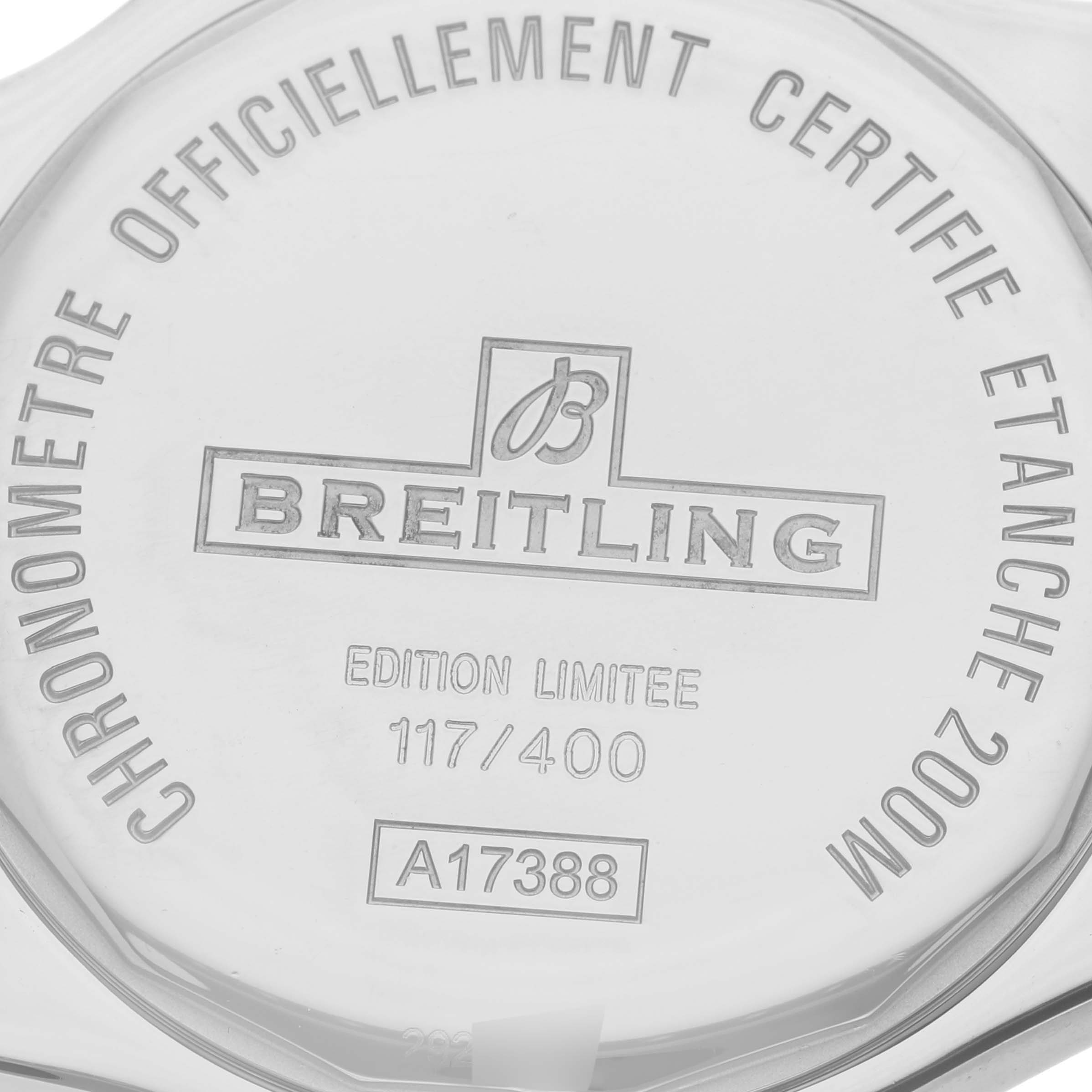 The image shows the back of a Breitling Colt A173882Y/BE66 Men's Stainless Steel Black Dial A173882Y/BE66 Men's Stainless Steel Black Dial watch, displaying branding and limited edition details.