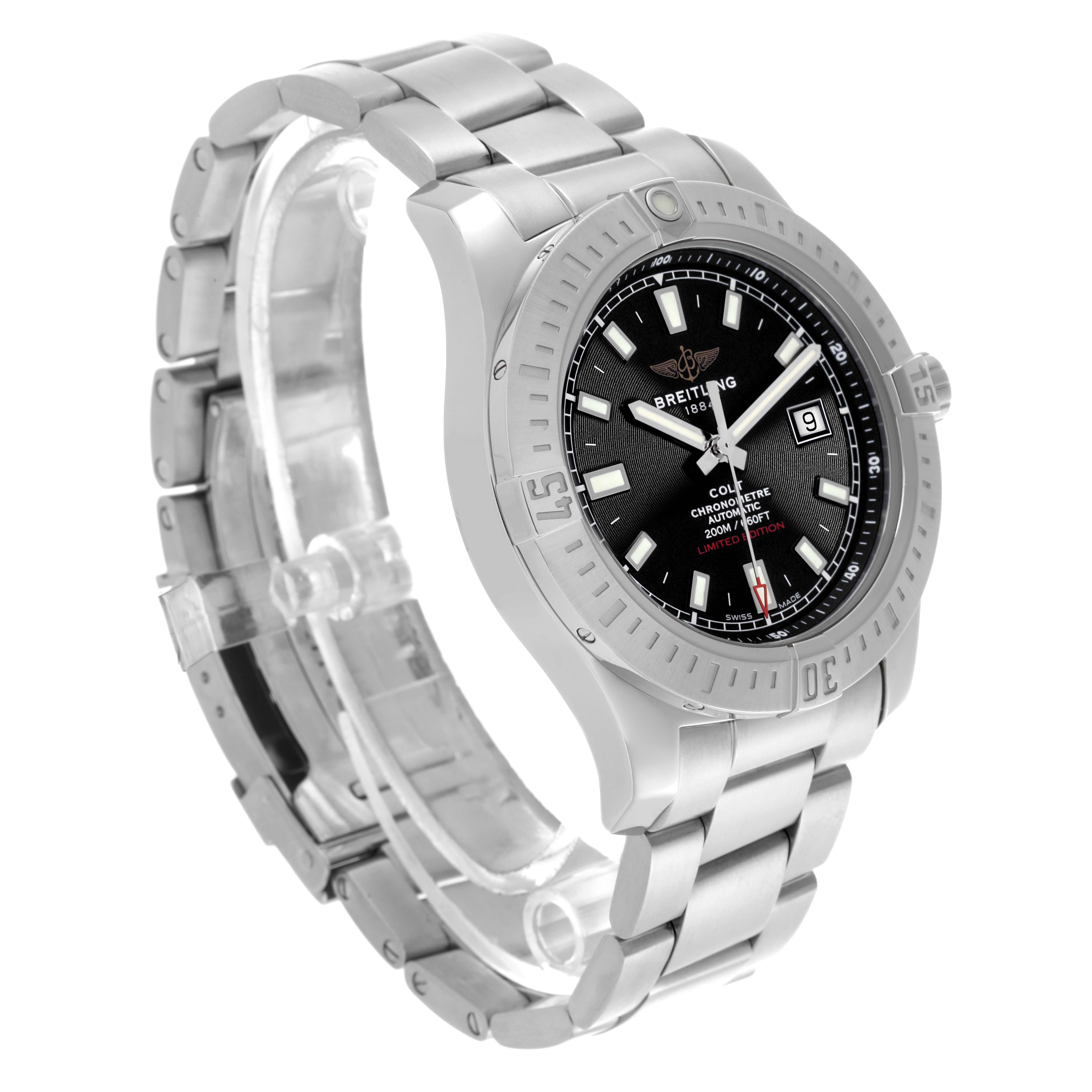 The Breitling Colt A173882Y/BE66 Men's Stainless Steel Black Dial A173882Y/BE66 Men's Stainless Steel Black Dial watch is shown at a slight angle displaying the dial, bezel, and metal bracelet.