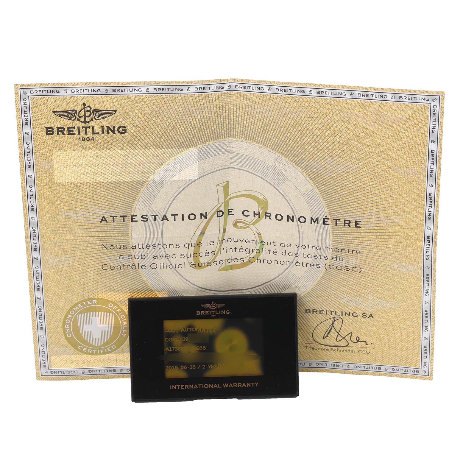 The image shows the Breitling Colt A173882Y/BE66 Men's Stainless Steel Black Dial A173882Y/BE66 Men's Stainless Steel Black Dial documentation, including a COSC certificate and warranty card.