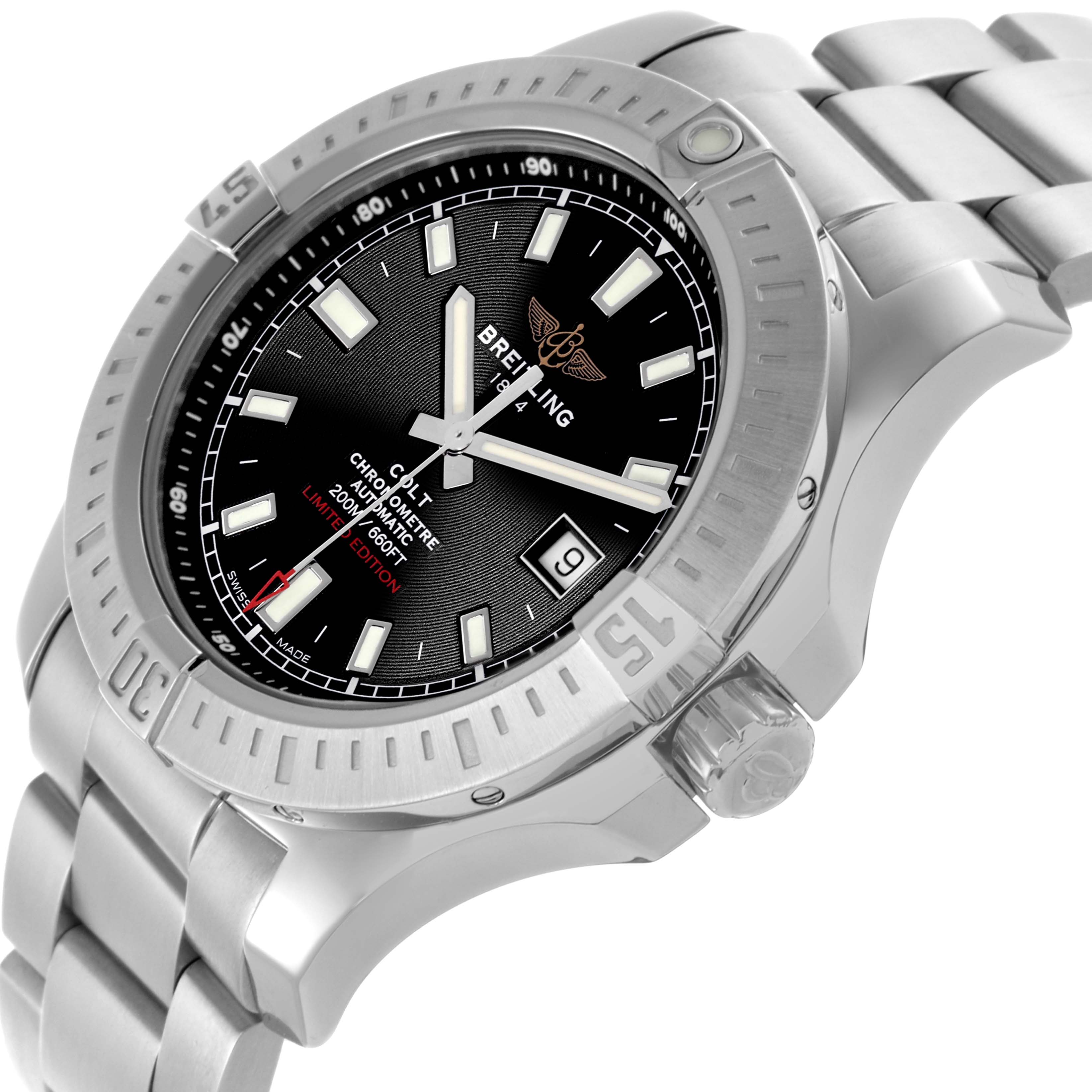 The Breitling Colt A173882Y/BE66 Men's Stainless Steel Black Dial A173882Y/BE66 Men's Stainless Steel Black Dial watch is shown at a slightly tilted angle, highlighting the dial, bezel, and stainless steel bracelet.