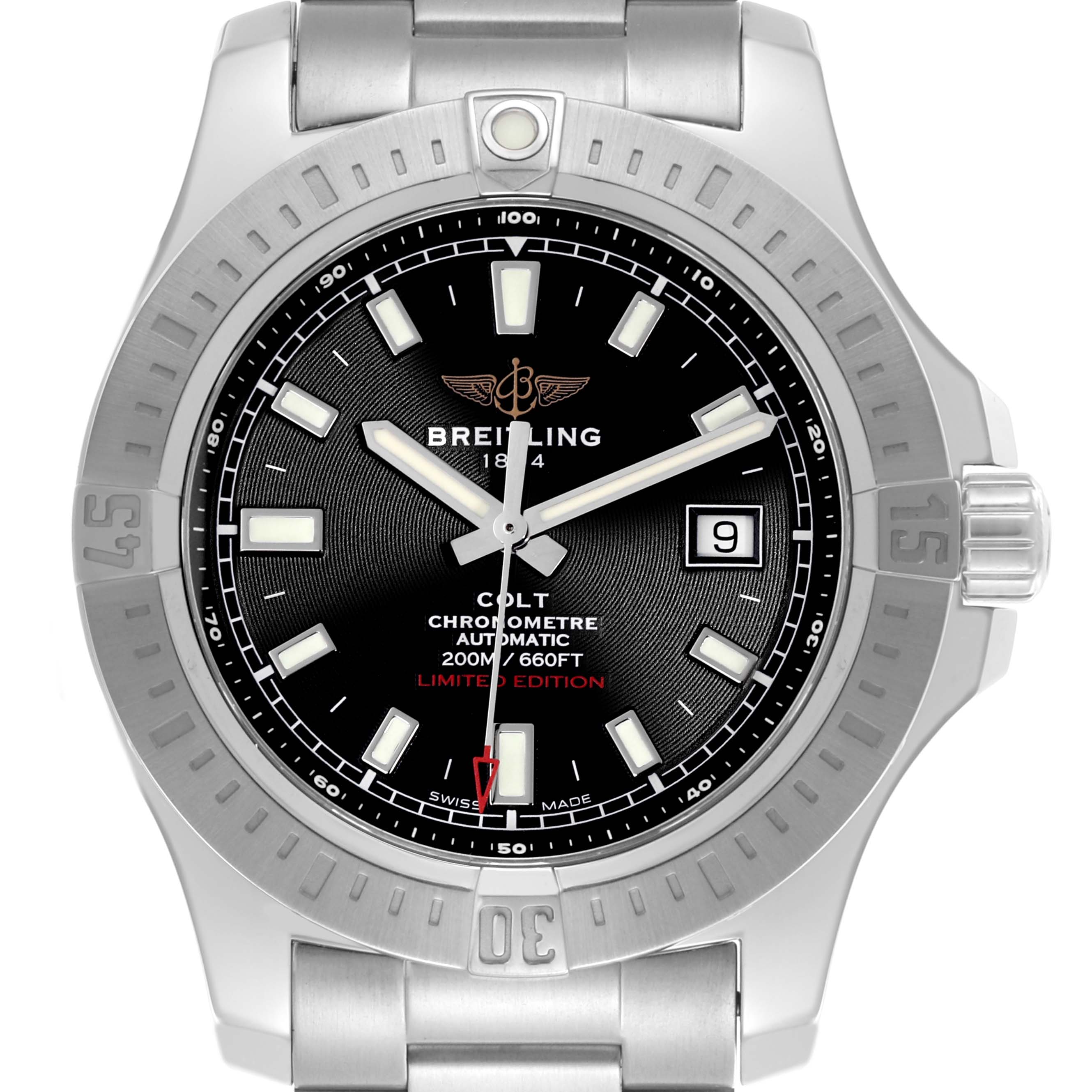 The Breitling Colt A173882Y/BE66 Men's Stainless Steel Black Dial A173882Y/BE66 Men's Stainless Steel Black Dial watch is shown from a front angle, highlighting the dial, bezel, and part of the bracelet.