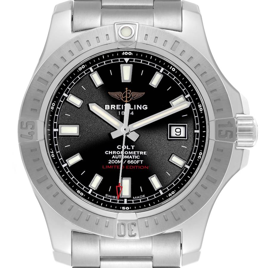 The Breitling Colt watch is shown from a front angle, highlighting the dial, bezel, and part of the bracelet.