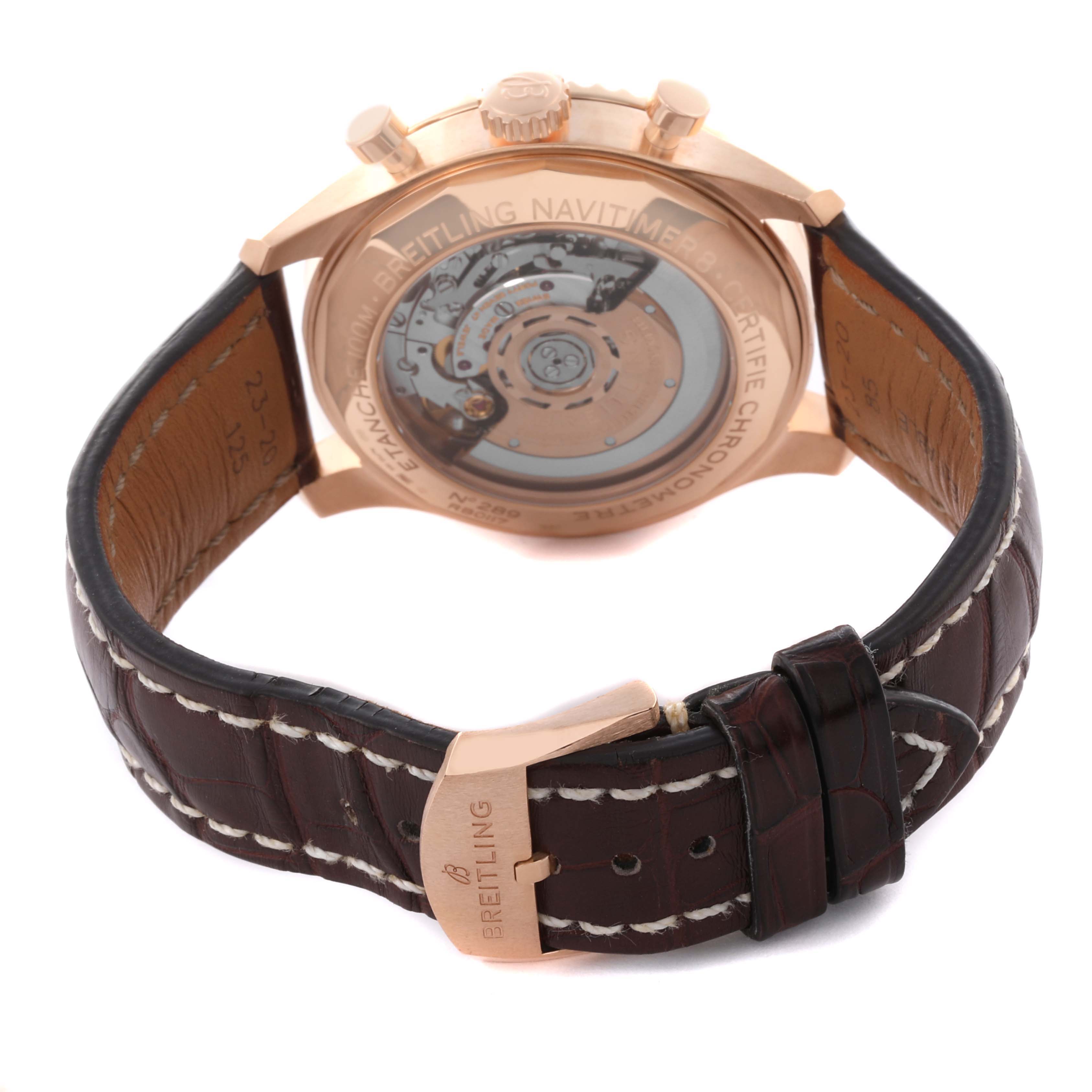 The image shows the back view of a Breitling Aviator RB0117131Q1P1 Men's Rose Gold Brown Dial RB0117131Q1P1 Men's Rose Gold Brown Dial watch, highlighting the transparent case back and leather strap.