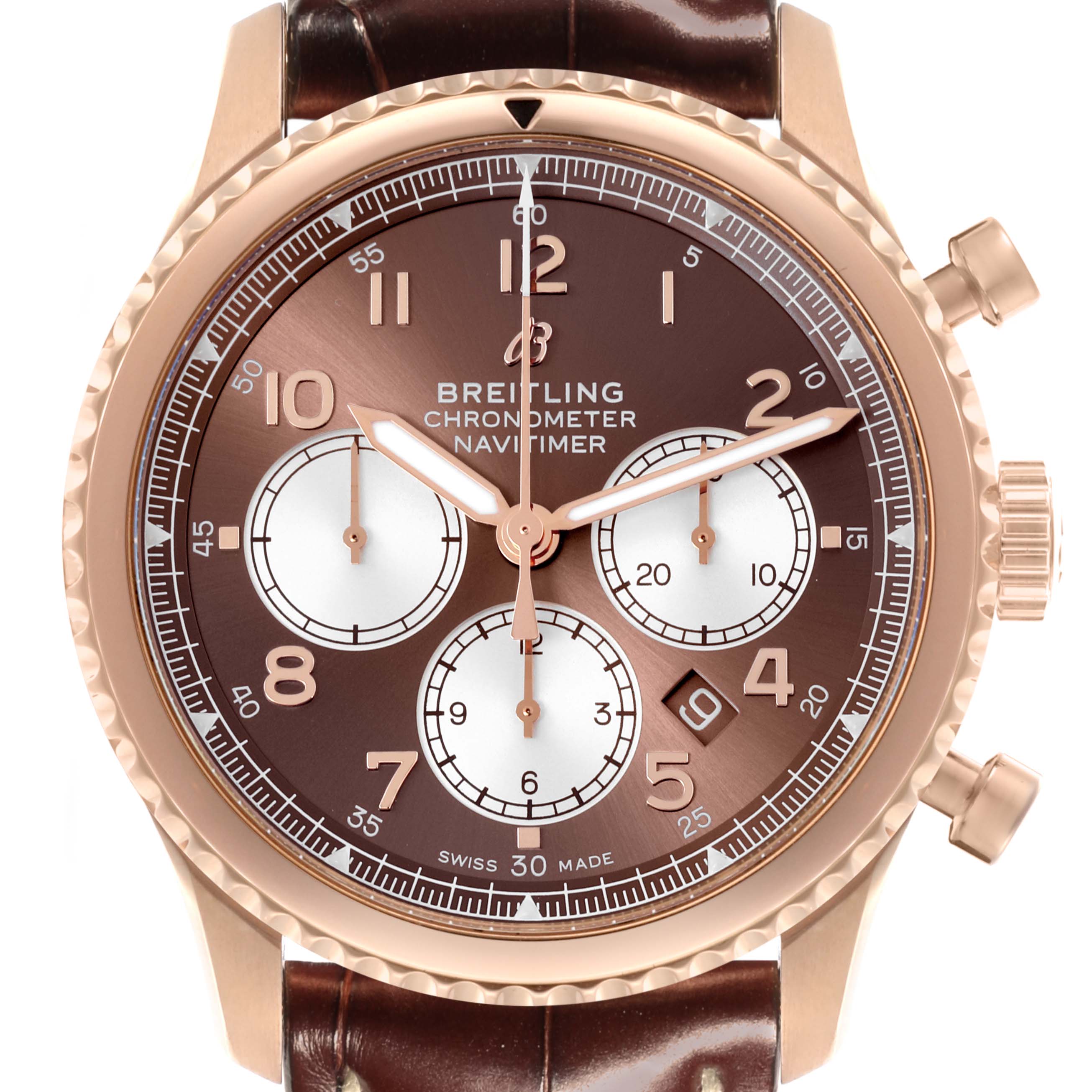 The image shows a front view of a Breitling Aviator RB0117131Q1P1 Men's Rose Gold Brown Dial RB0117131Q1P1 Men's Rose Gold Brown Dial watch, highlighting the dial, subdials, and crown.