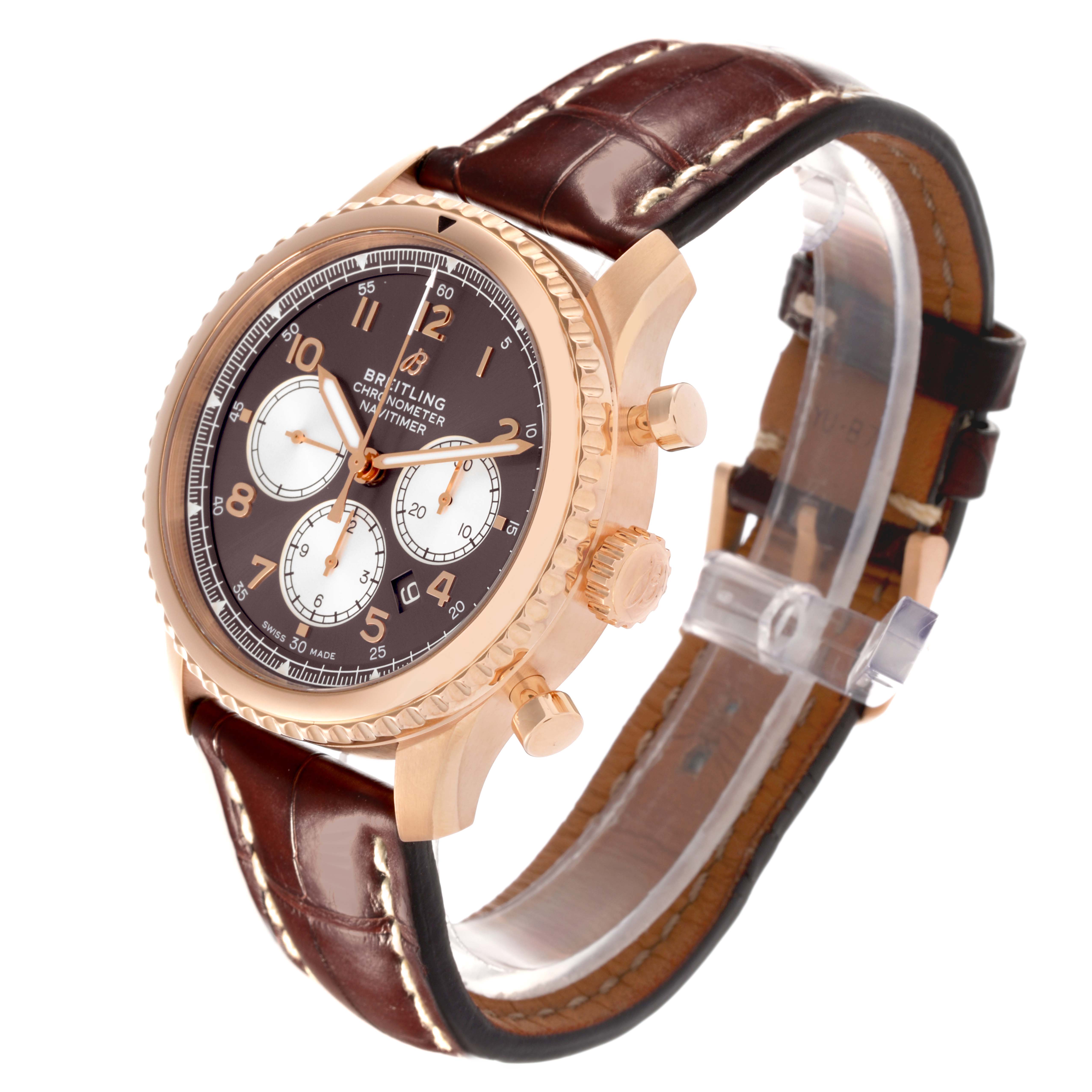 The Breitling Aviator RB0117131Q1P1 Men's Rose Gold Brown Dial RB0117131Q1P1 Men's Rose Gold Brown Dial watch is shown at a three-quarter angle, highlighting the dial, crown, pushers, and brown leather strap.