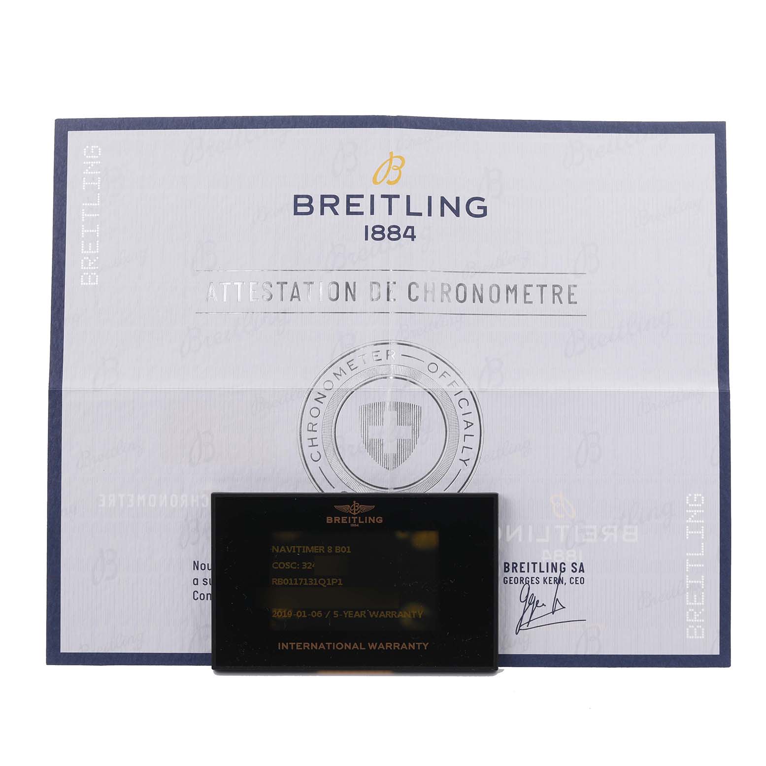 The image shows warranty documentation for a Breitling Aviator RB0117131Q1P1 Men's Rose Gold Brown Dial RB0117131Q1P1 Men's Rose Gold Brown Dial watch, including papers and a warranty card.