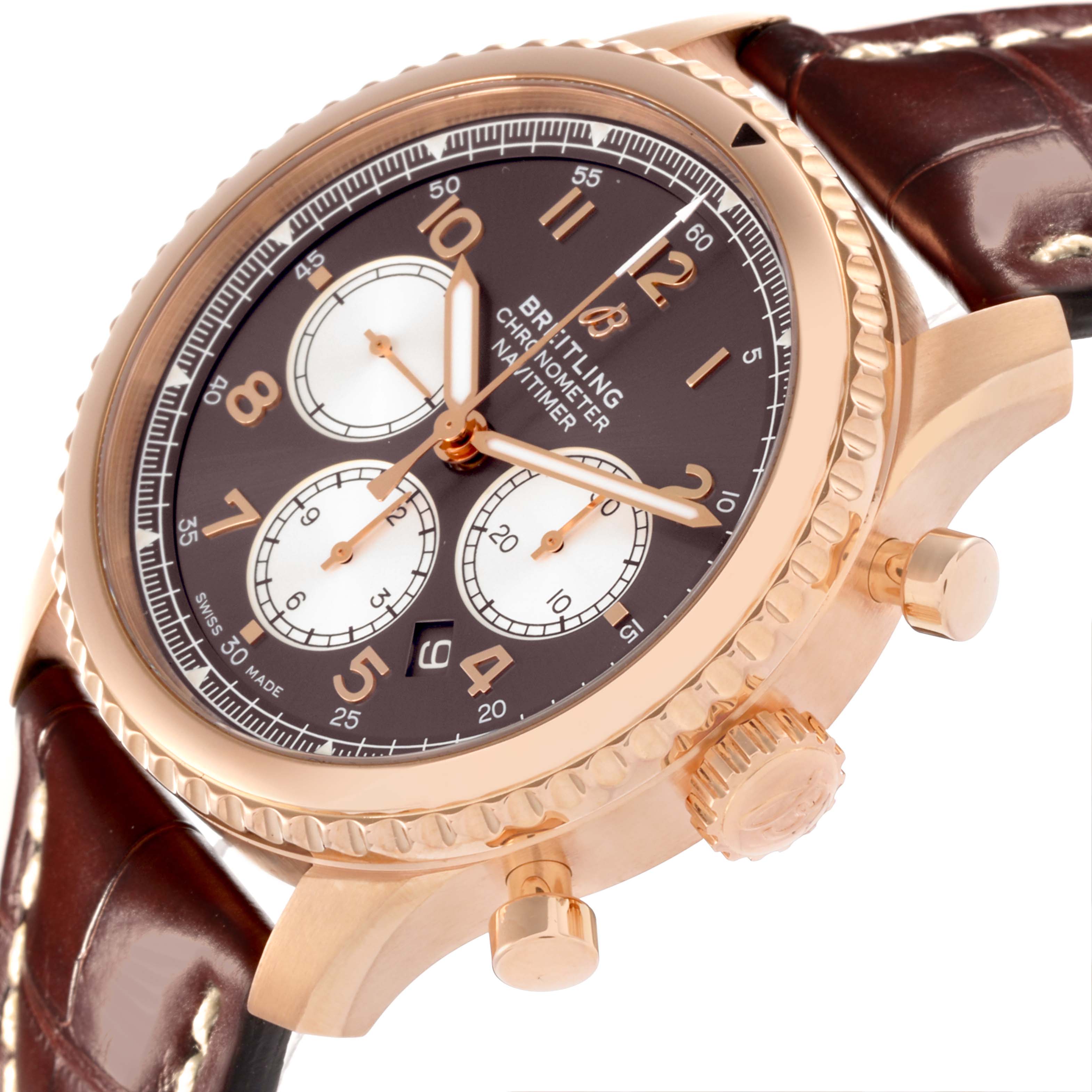 The Breitling Aviator RB0117131Q1P1 Men's Rose Gold Brown Dial RB0117131Q1P1 Men's Rose Gold Brown Dial watch is shown at an angled view, highlighting the bezel, crown, pushers, and part of the leather strap.