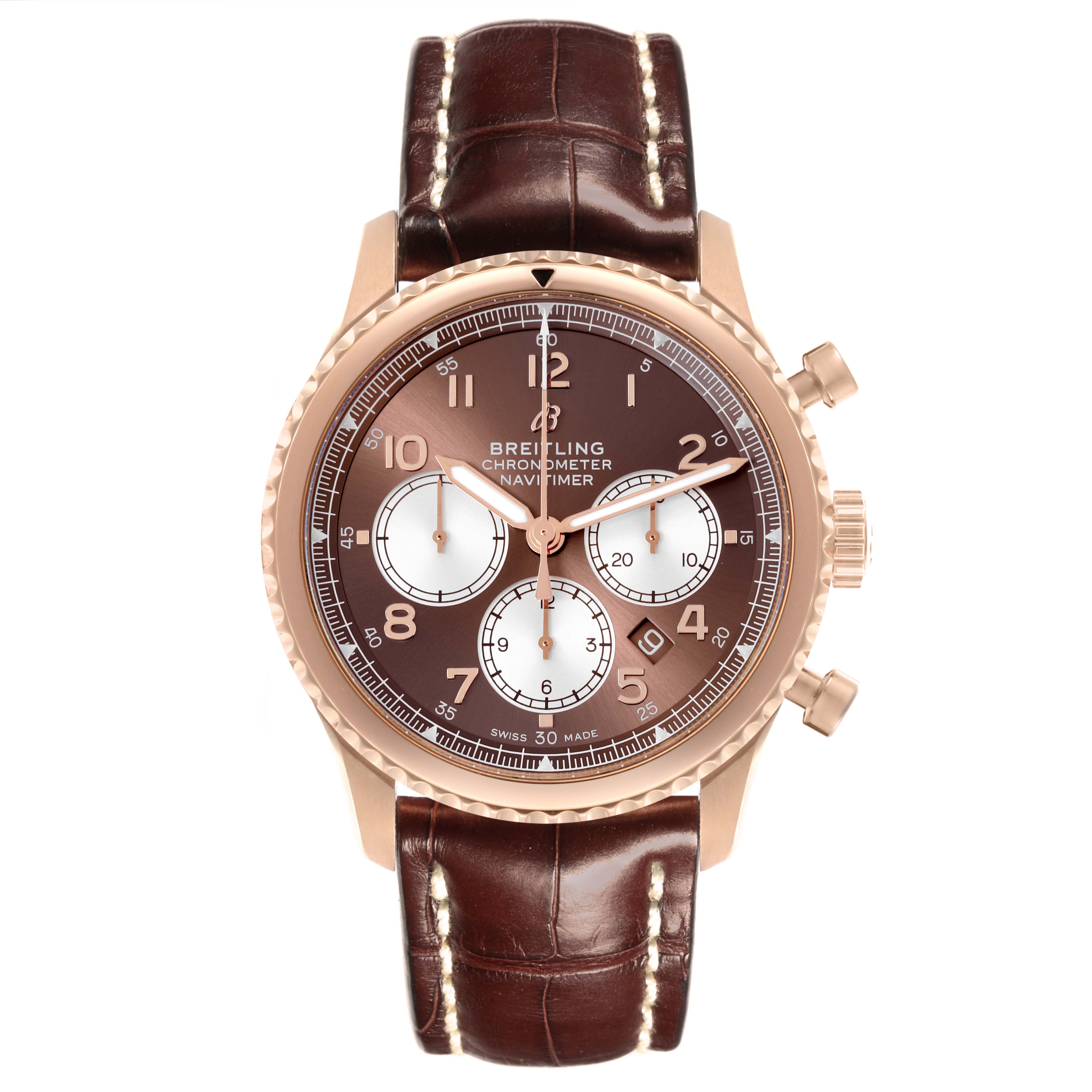 The Breitling Aviator RB0117131Q1P1 Men's Rose Gold Brown Dial RB0117131Q1P1 Men's Rose Gold Brown Dial watch is shown from a front angle, displaying the dial, bezel, chronograph subdials, and leather strap.