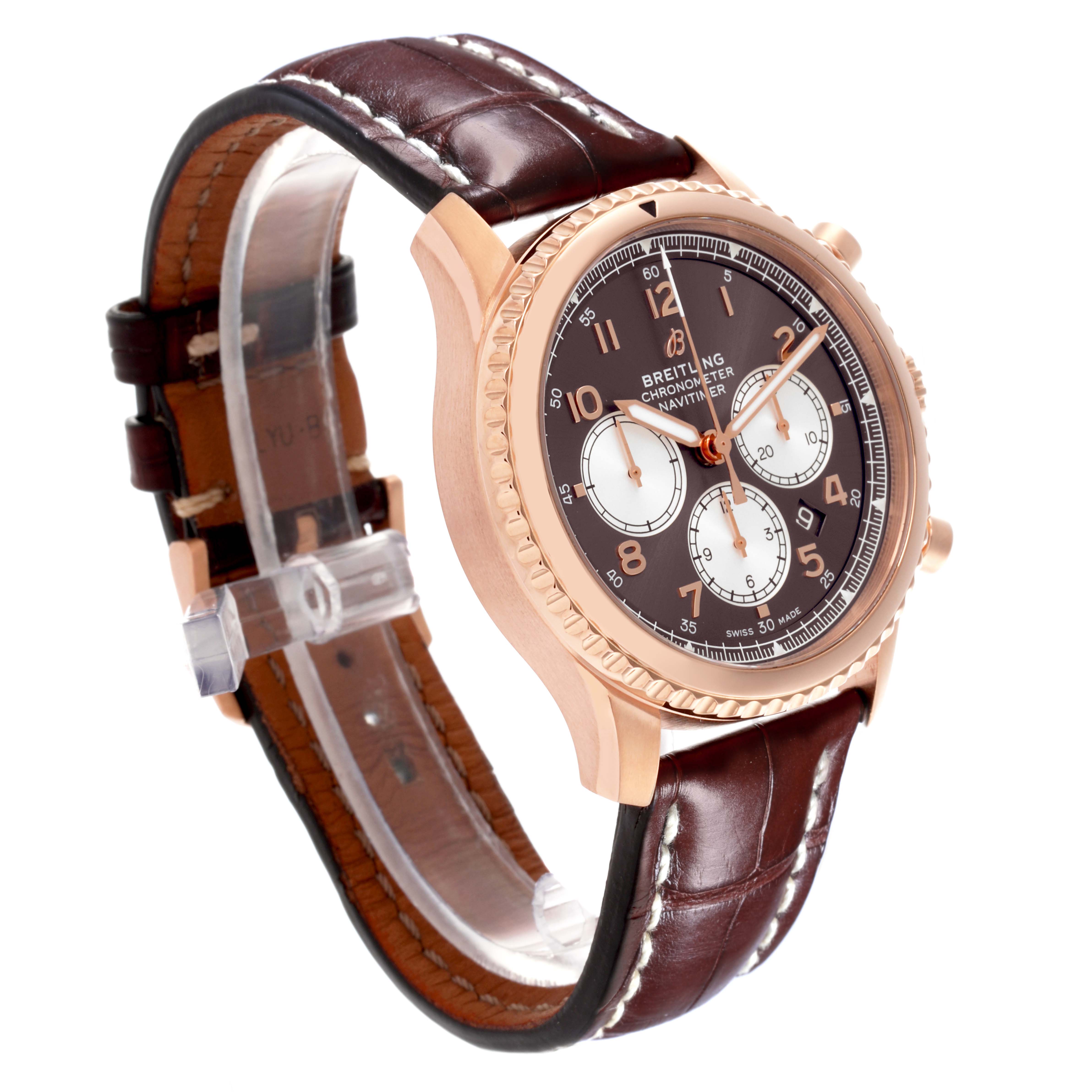 The Breitling Aviator RB0117131Q1P1 Men's Rose Gold Brown Dial RB0117131Q1P1 Men's Rose Gold Brown Dial watch is shown from a 3/4 angle, featuring its round case, bezel, dial, and brown leather strap.