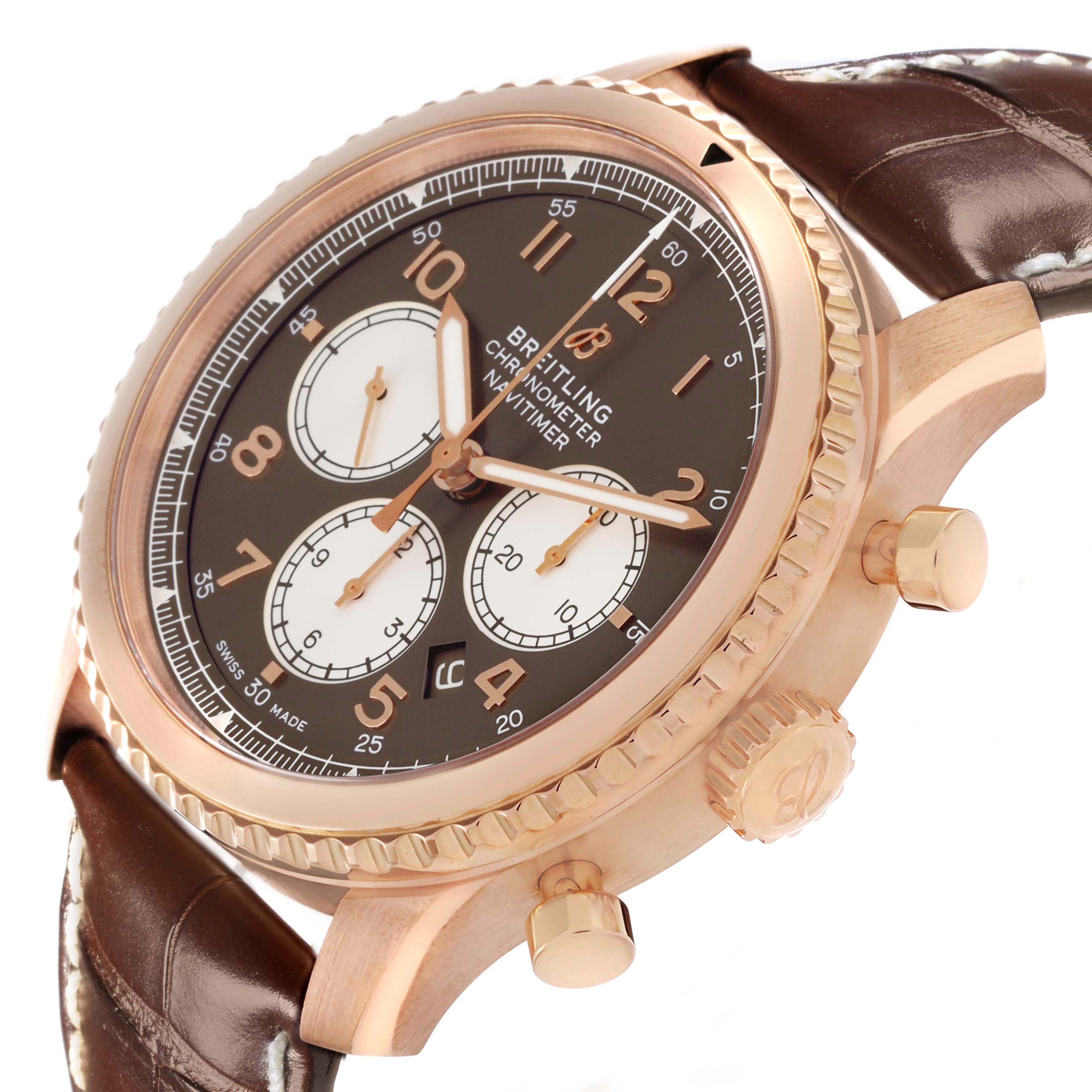 The Breitling Aviator RB0117131Q1P1 Men's Rose Gold Brown Dial watch is shown at an angled close-up, highlighting the dial, crown, and part of the strap.