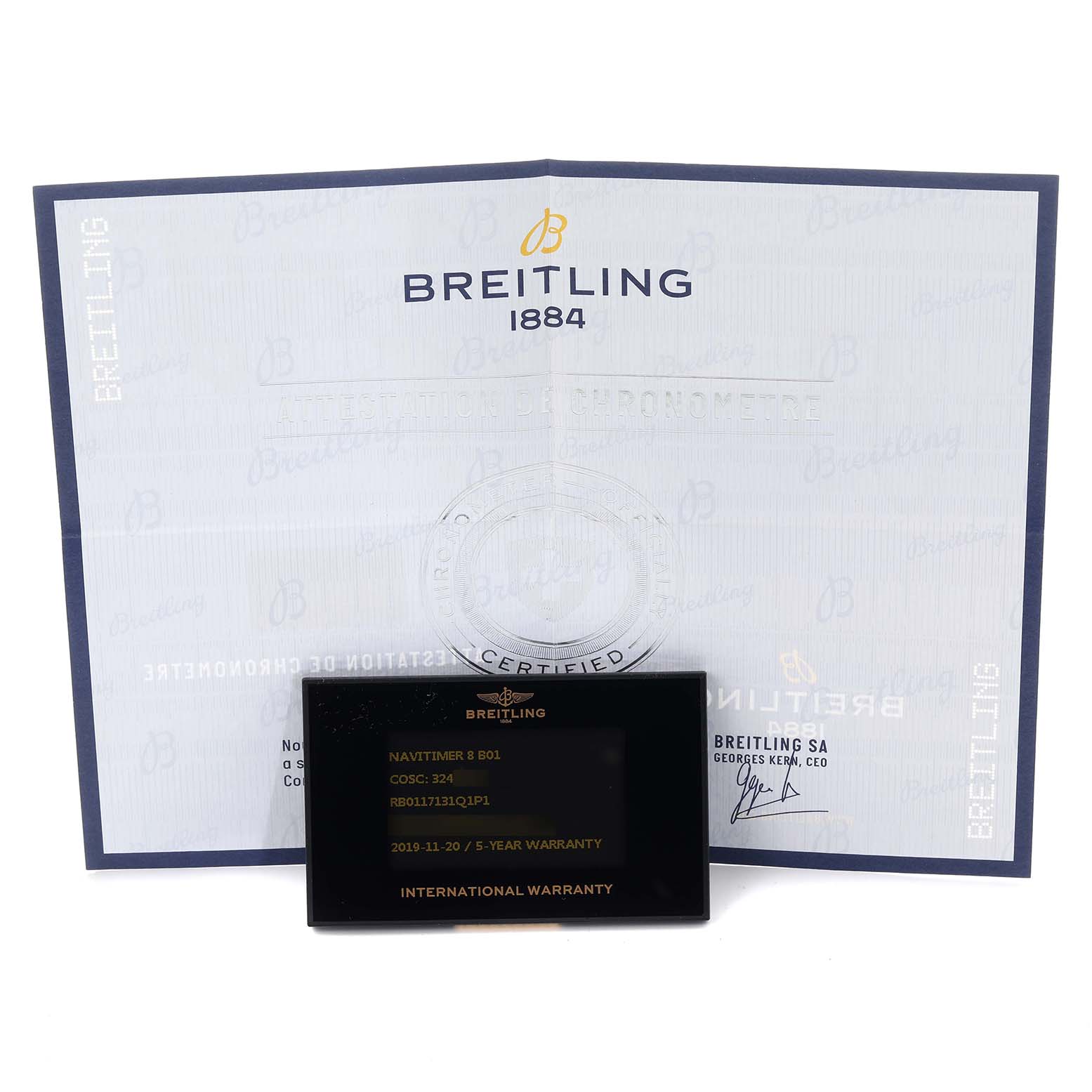 The image shows warranty documentation for a Breitling Aviator RB0117131Q1P1 Men
s Rose Gold Brown Dial RB0117131Q1P1 Men
s Rose Gold Brown Dial watch, including a certificate and international warranty card.