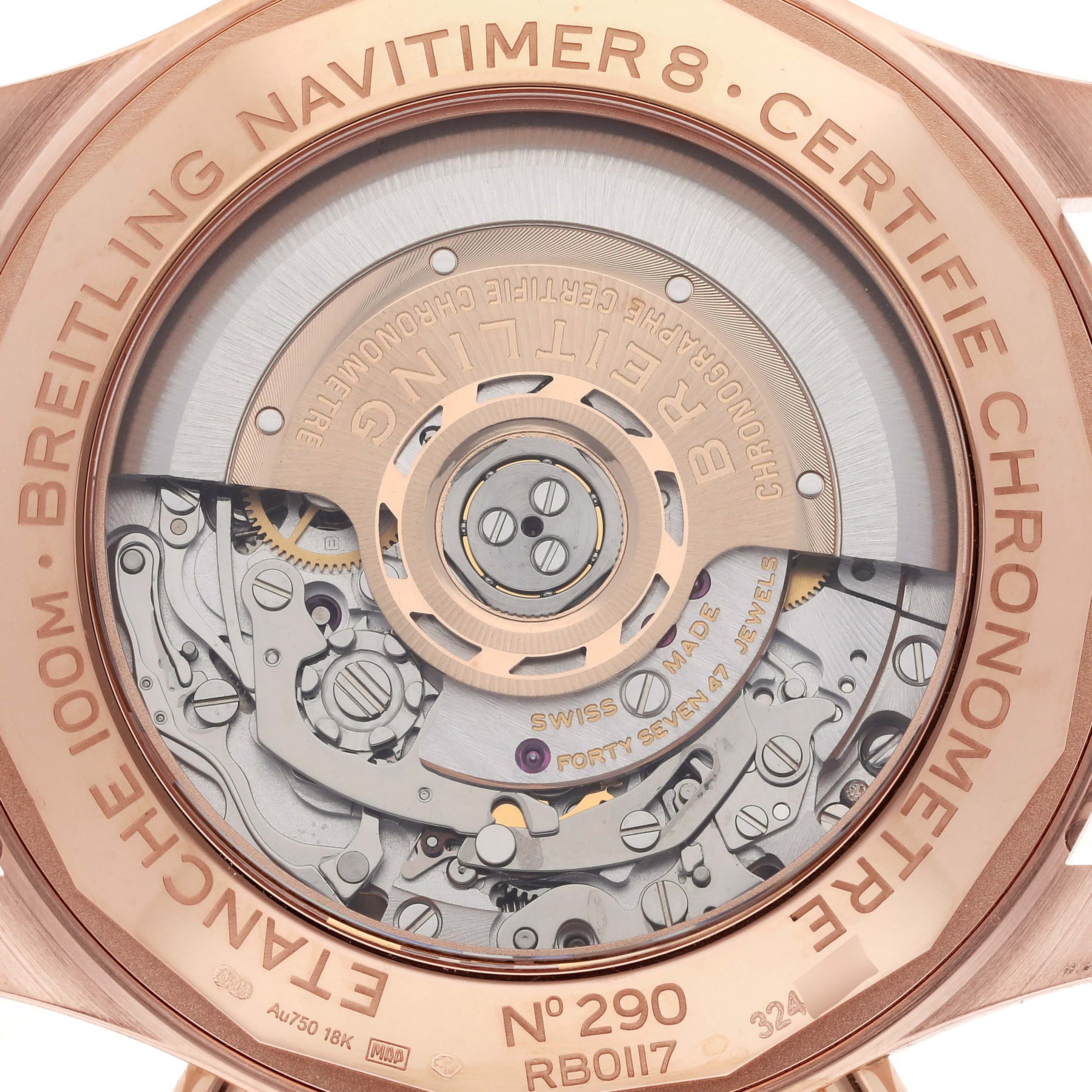 The image shows the back view of a Breitling Aviator RB0117131Q1P1 Men
s Rose Gold Brown Dial RB0117131Q1P1 Men
s Rose Gold Brown Dial watch, highlighting the intricate movement and mechanisms.