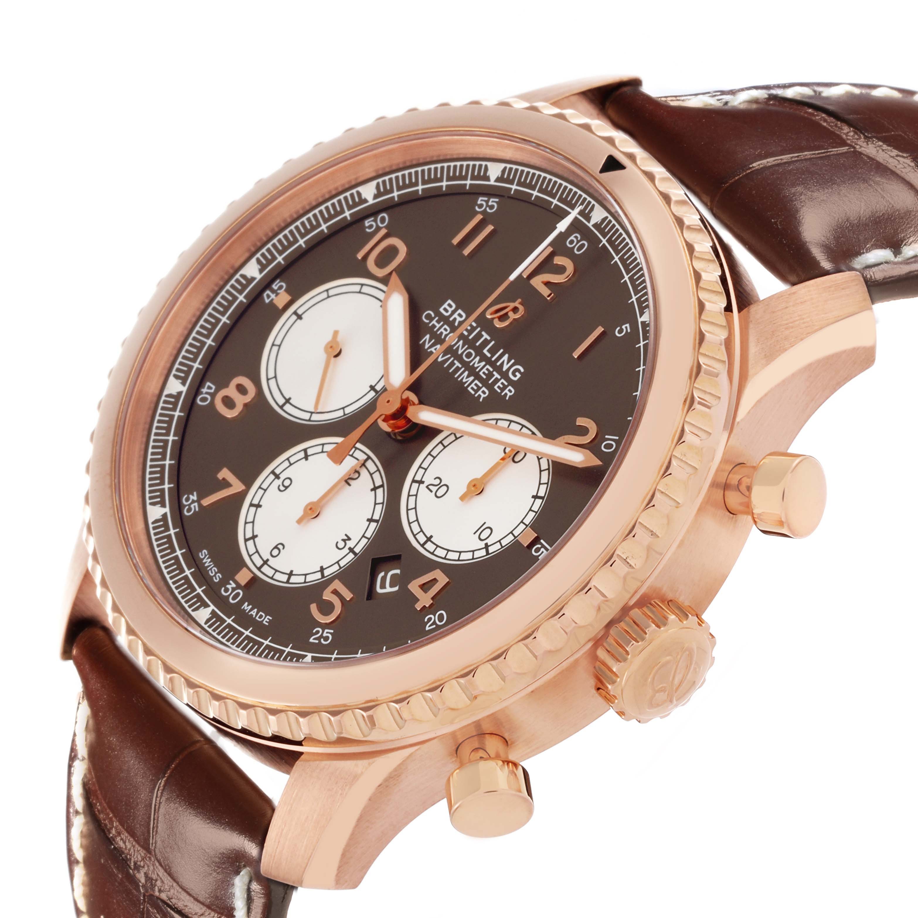 The Breitling Aviator RB0117131Q1P1 Men
s Rose Gold Brown Dial RB0117131Q1P1 Men
s Rose Gold Brown Dial watch is shown at an angled side view, highlighting its rose gold case, brown dial, sub-dials, and leather strap.