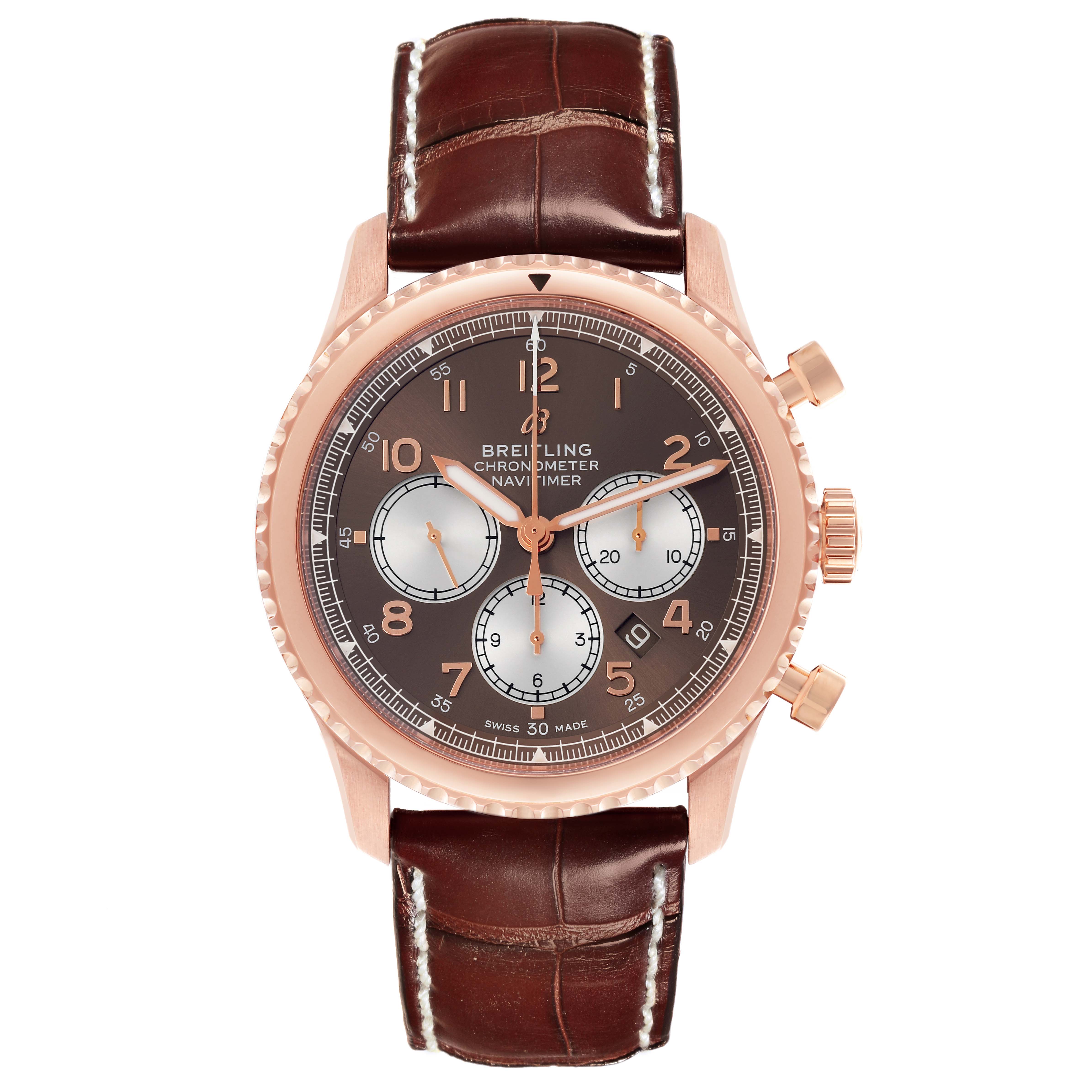 The Breitling Aviator RB0117131Q1P1 Men
s Rose Gold Brown Dial RB0117131Q1P1 Men
s Rose Gold Brown Dial watch is shown from a front angle displaying its dial, bezel, subdials, crown, and leather strap.