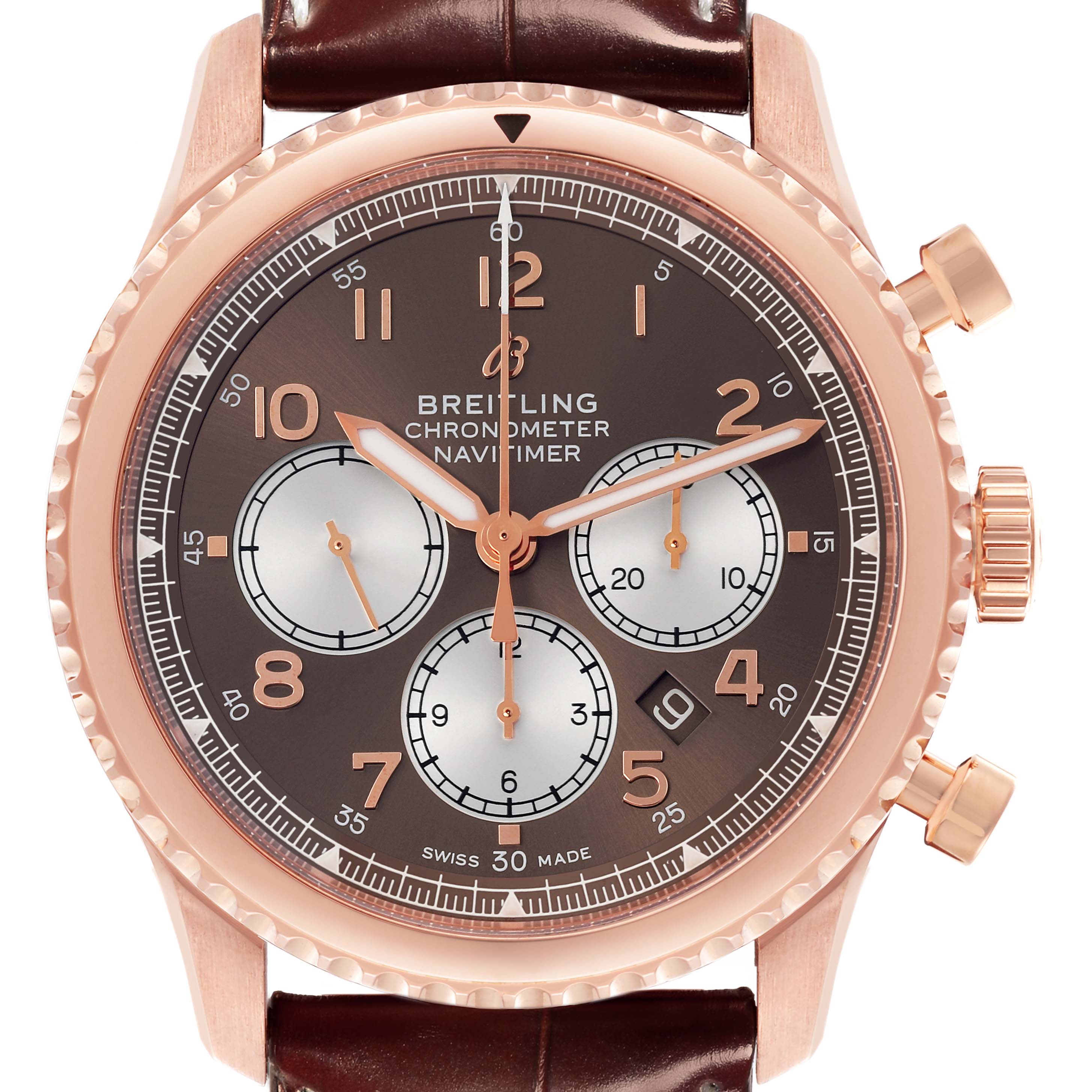 The Breitling Aviator RB0117131Q1P1 Men
s Rose Gold Brown Dial RB0117131Q1P1 Men
s Rose Gold Brown Dial
s front view shows the dial, sub-dials, bezel, and crown with a leather strap connection.