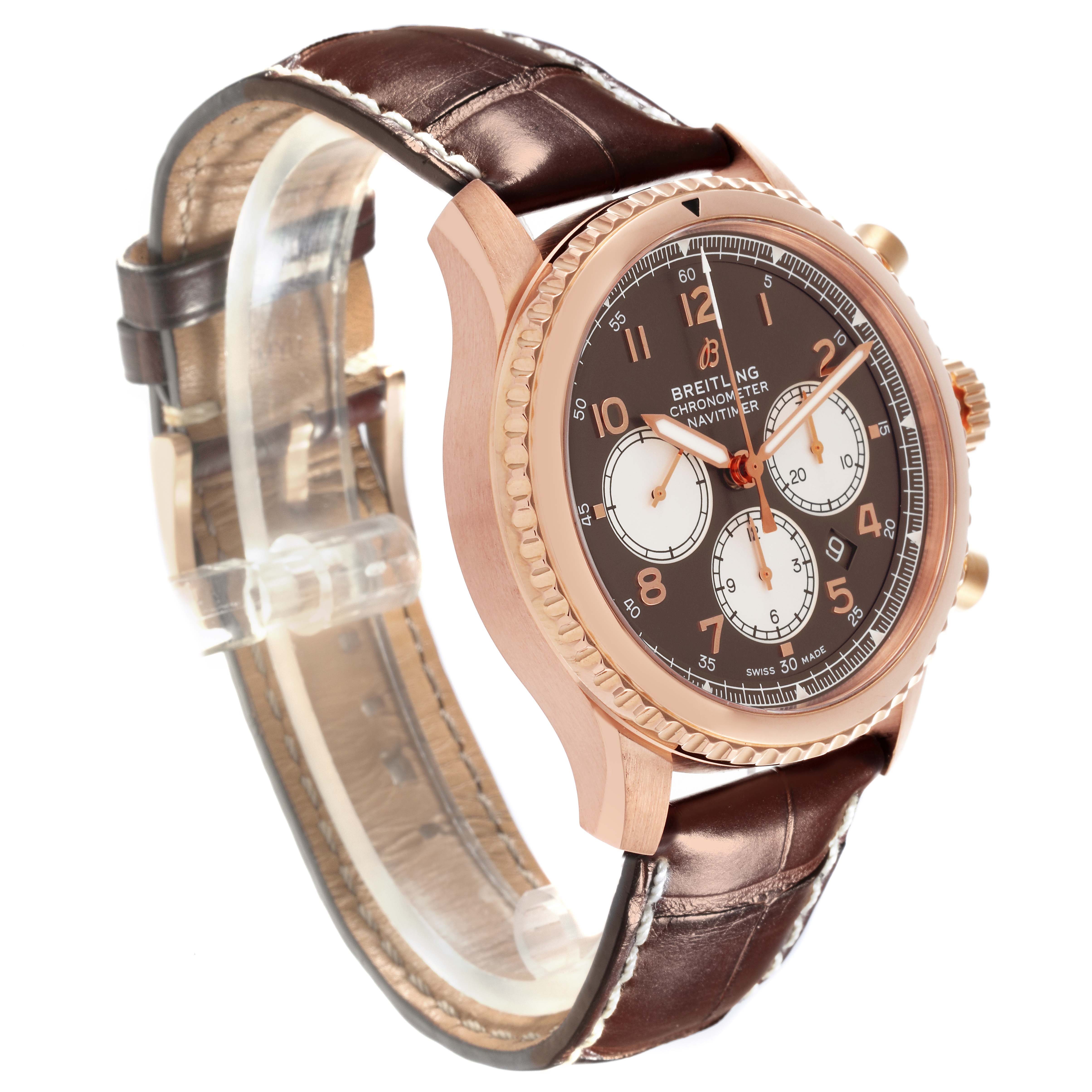 The Breitling Aviator RB0117131Q1P1 Men
s Rose Gold Brown Dial RB0117131Q1P1 Men
s Rose Gold Brown Dial model watch is shown at a three-quarter angle, displaying its face, bezel, and brown leather strap.