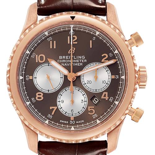 The Breitling Aviator RB0117131Q1P1 Men's Rose Gold Brown Dial watch is shown from the front, displaying its dial, subdials, bezel, crown, and pushers.