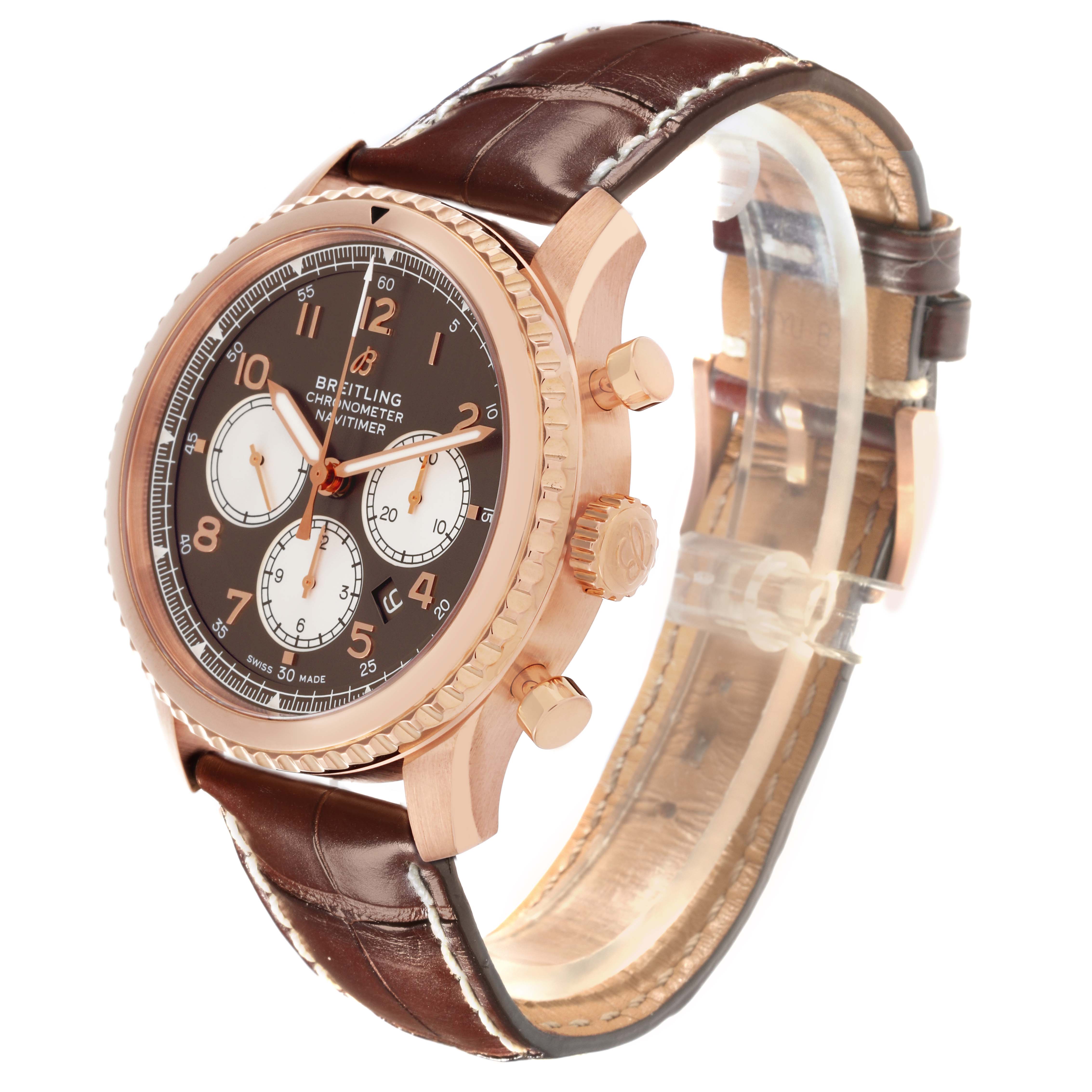 The Breitling Aviator RB0117131Q1P1 Men
s Rose Gold Brown Dial RB0117131Q1P1 Men
s Rose Gold Brown Dial watch is shown at a slight side angle, displaying the dial, bezel, crown, and brown leather strap.
